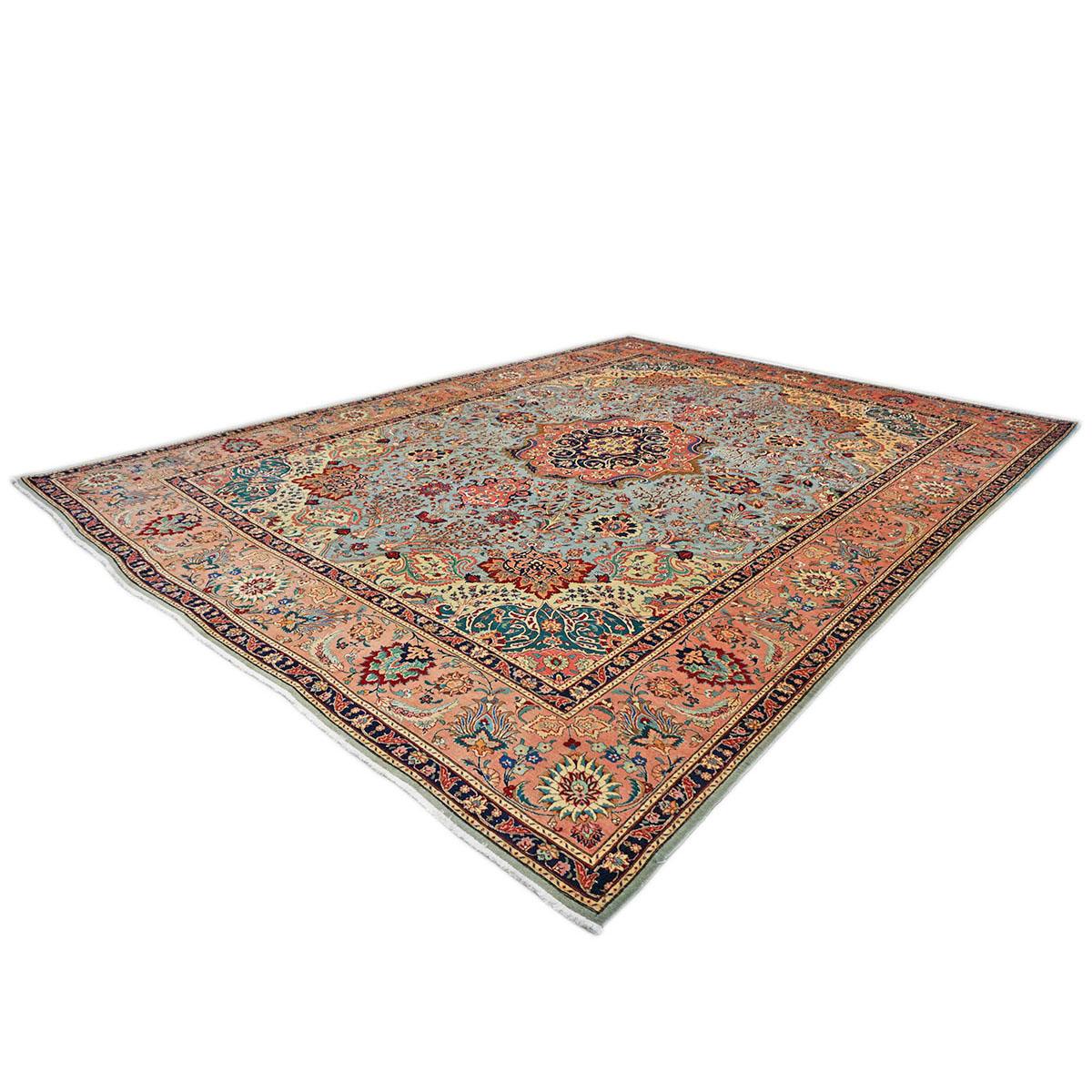Hand-Woven 20th Century Persian Tabriz 10x13 Light Blue with a Salmon Border Area Rug For Sale
