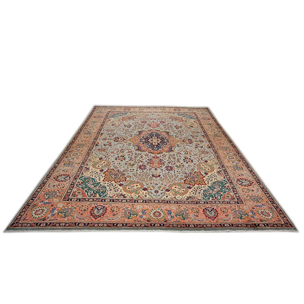 20th Century Persian Tabriz 10x13 Light Blue with a Salmon Border Area Rug In Good Condition For Sale In Houston, TX