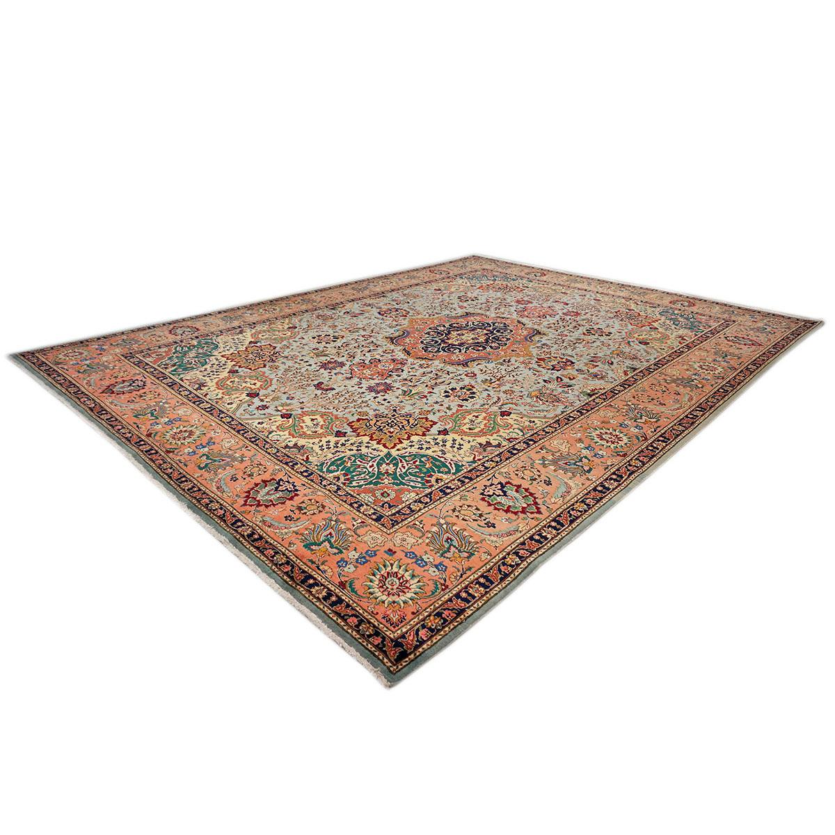 Mid-20th Century 20th Century Persian Tabriz 10x13 Light Blue with a Salmon Border Area Rug For Sale