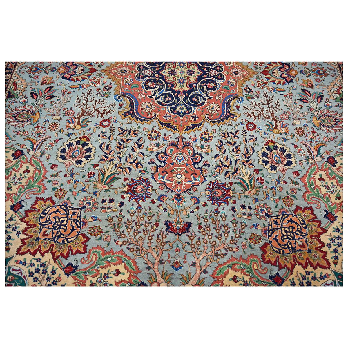 Wool 20th Century Persian Tabriz 10x13 Light Blue with a Salmon Border Area Rug For Sale
