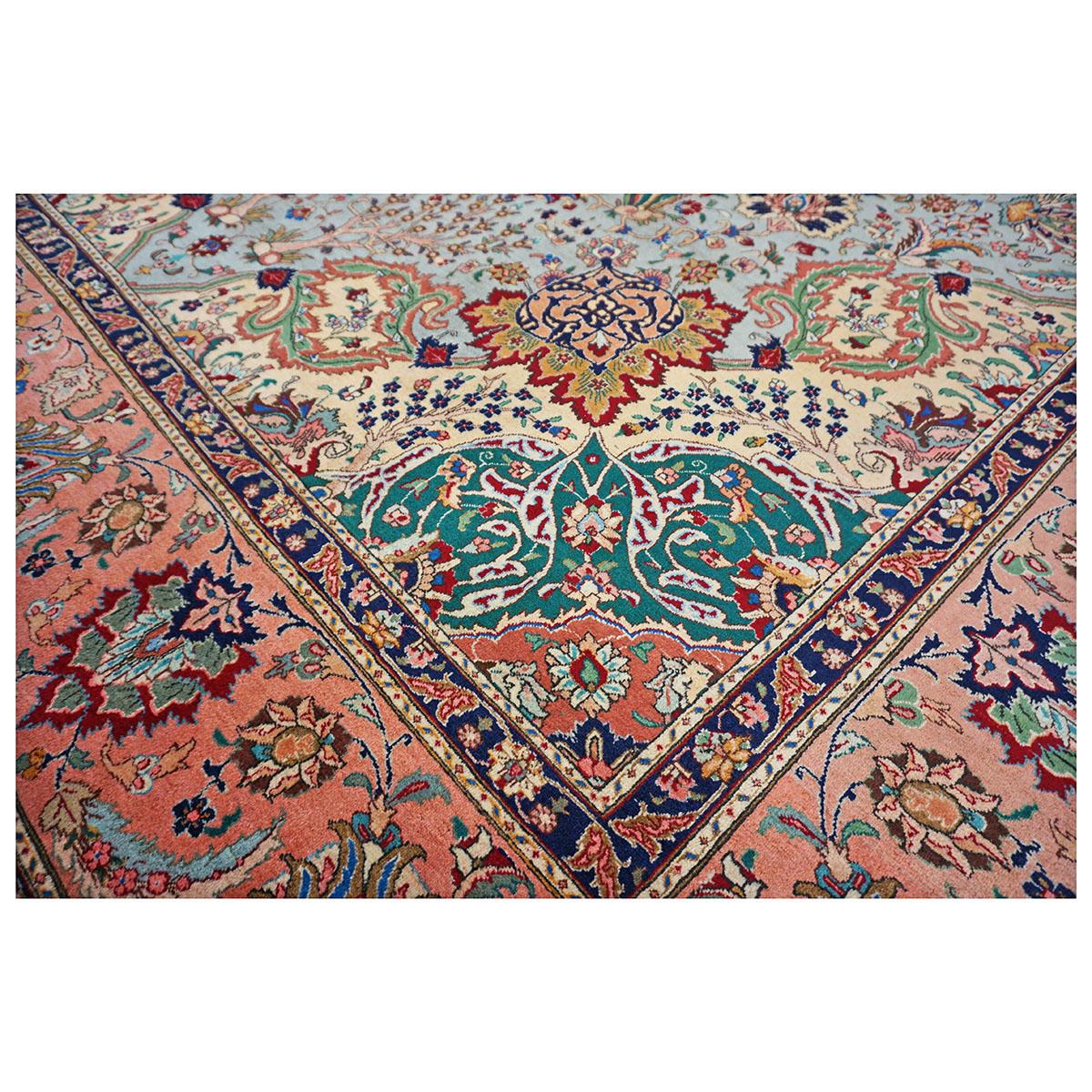 20th Century Persian Tabriz 10x13 Light Blue with a Salmon Border Area Rug For Sale 1