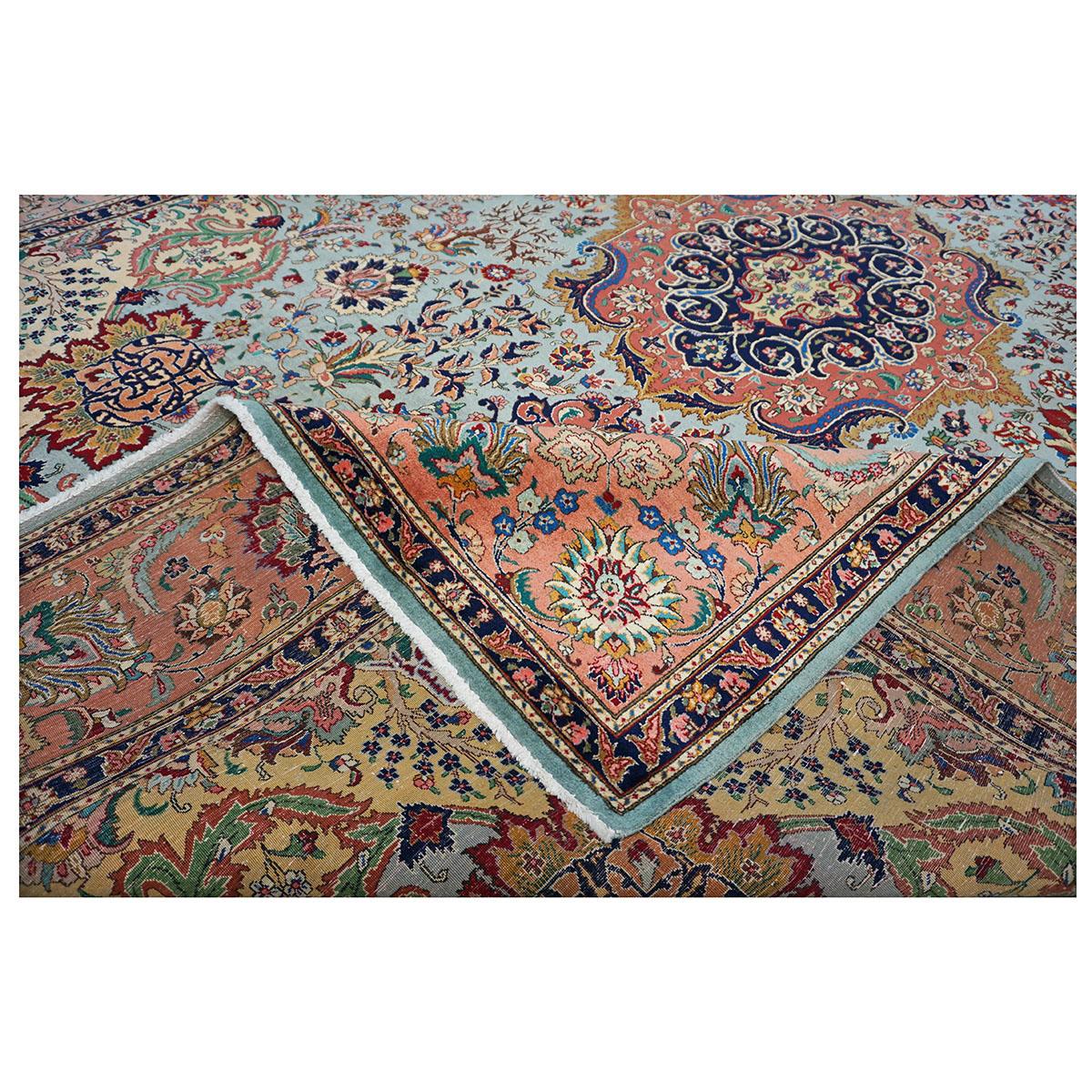 20th Century Persian Tabriz 10x13 Light Blue with a Salmon Border Area Rug For Sale 3