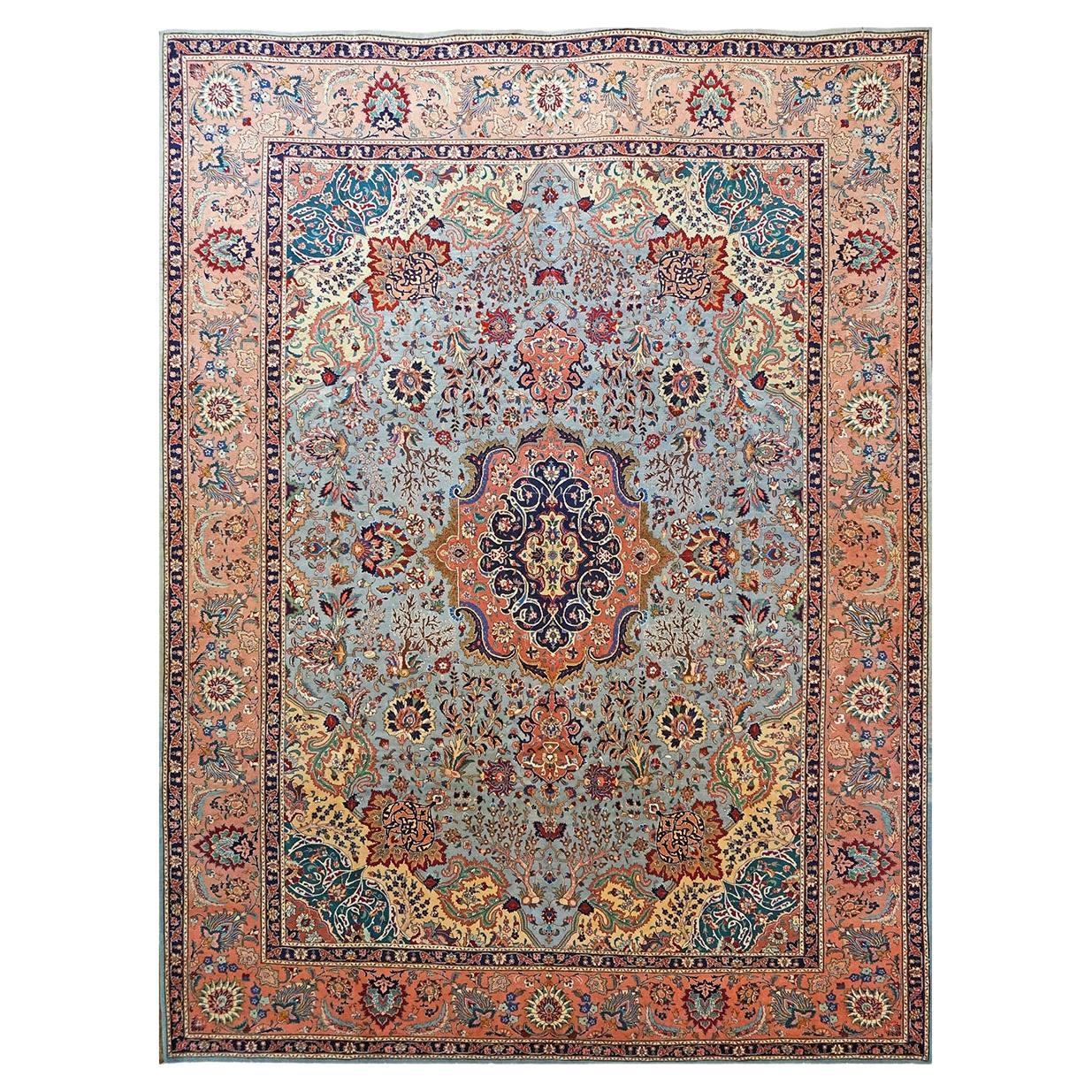20th Century Persian Tabriz 10x13 Light Blue with a Salmon Border Area Rug For Sale
