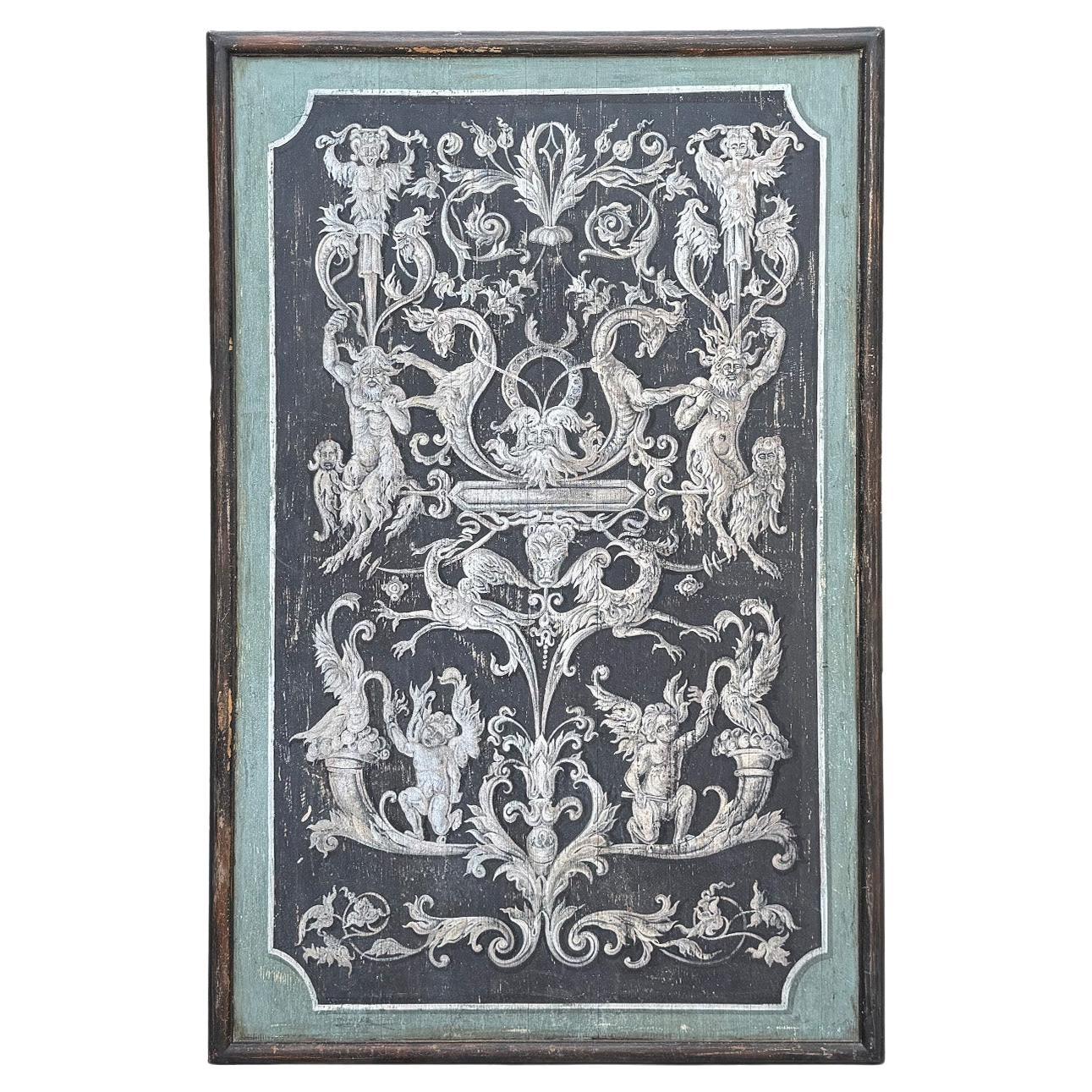 20th Century Perugian Hand-Painted Wooden Panel - Renaissance Motifs