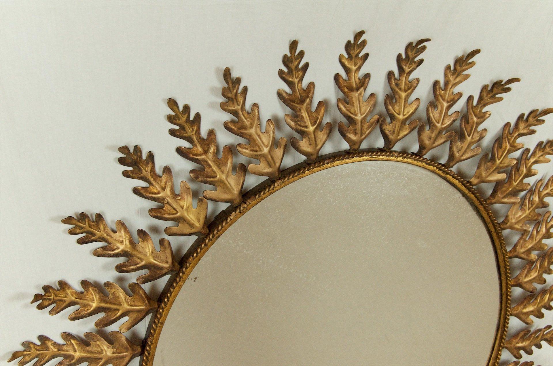 Mid-Century Modern 20th Century Peruvian Gilt Metal Sunburst Mirror with Leaf Pattern