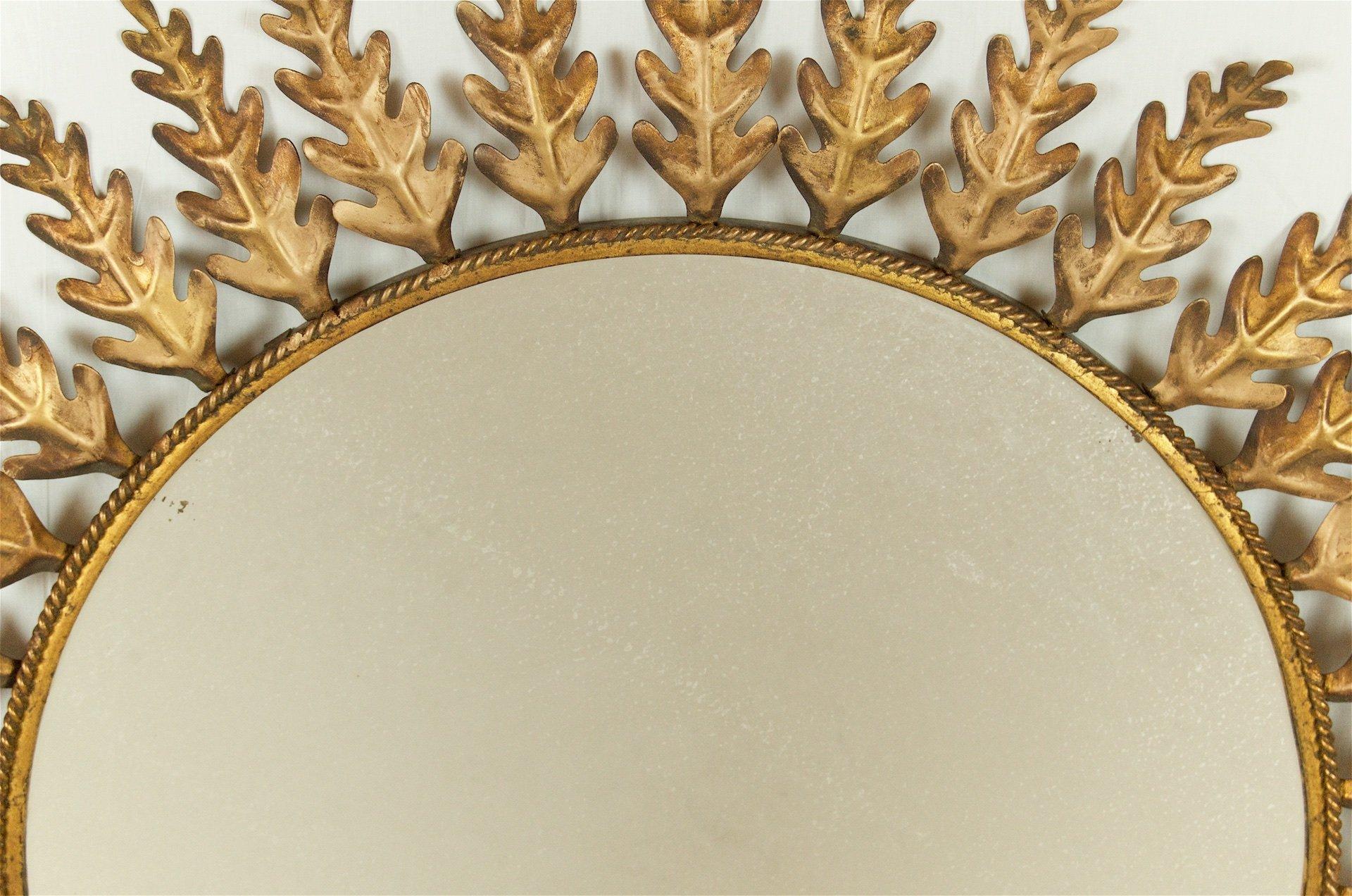 20th Century Peruvian Gilt Metal Sunburst Mirror with Leaf Pattern In Good Condition In Stamford, CT