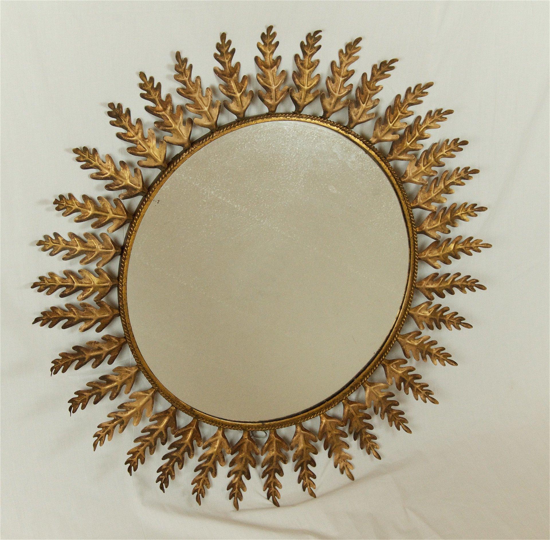 20th Century Peruvian Gilt Metal Sunburst Mirror with Leaf Pattern 1