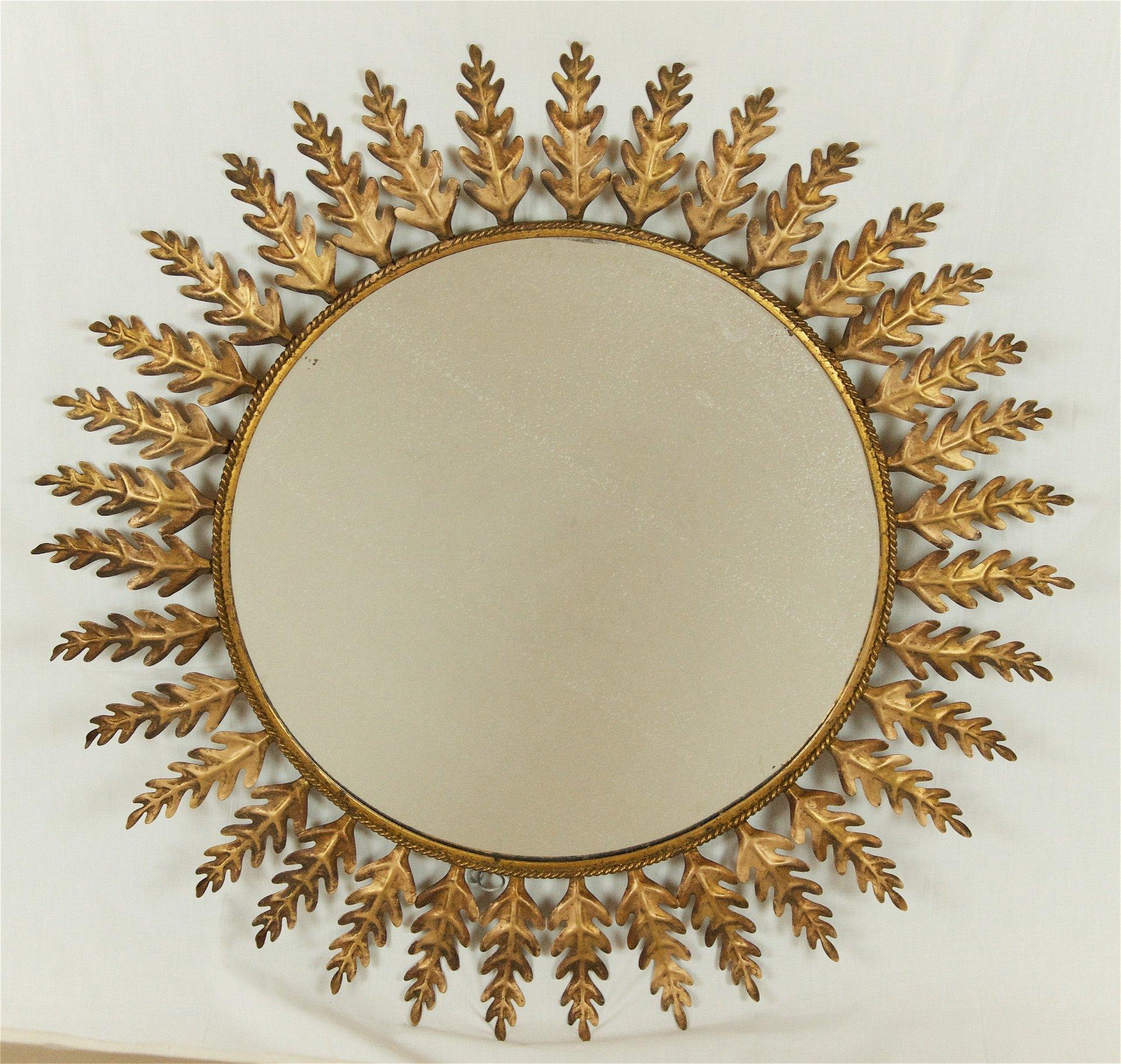 20th Century Peruvian Gilt Metal Sunburst Mirror with Leaf Pattern 2