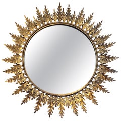 20th Century Peruvian Gilt Metal Sunburst Mirror with Leaf Pattern