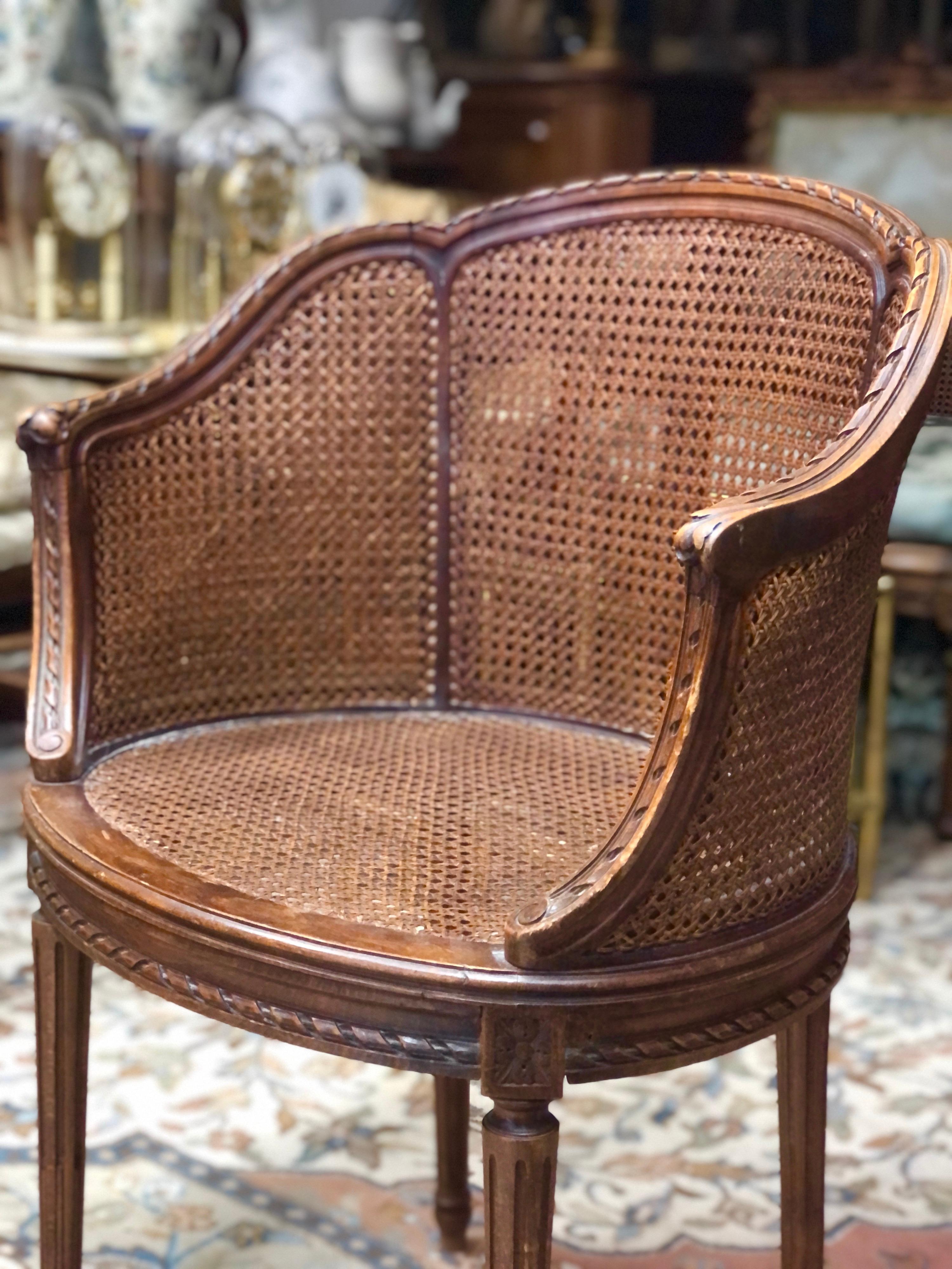 Cane 20th Century Petite French Hand Carved Round Armchair, Louis XVI by Odoul Paris