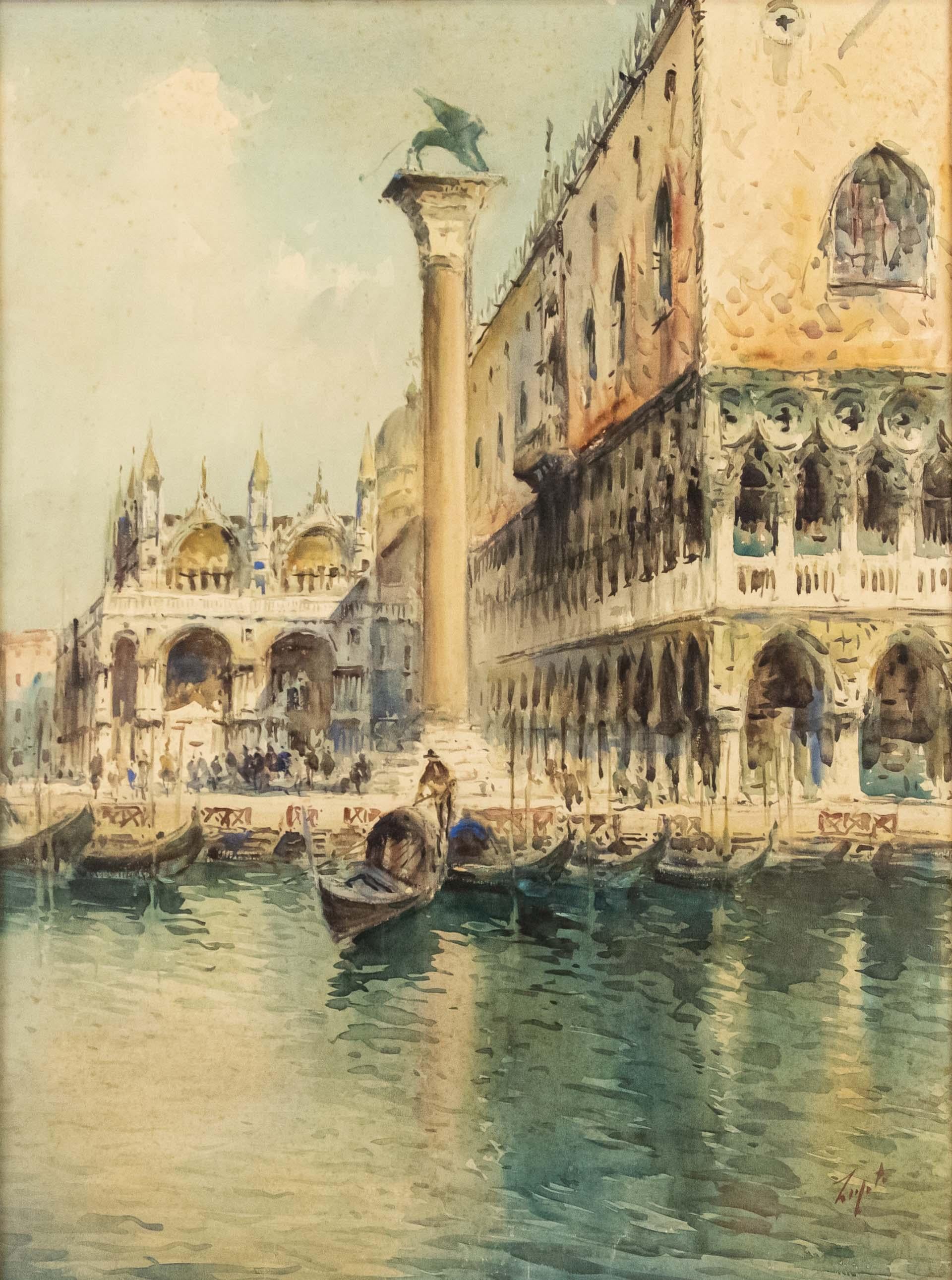 Italian painter, 20th century
Piazzetta San Marco
Watercolor on canvas, 68 x 51 cm
With frame, 88 x 62 cm
Signed lower left and right Zi (?) Li


The painting portrays Palazzo Ducale towards Palazzo delle Prigioni with the nineteenth-century