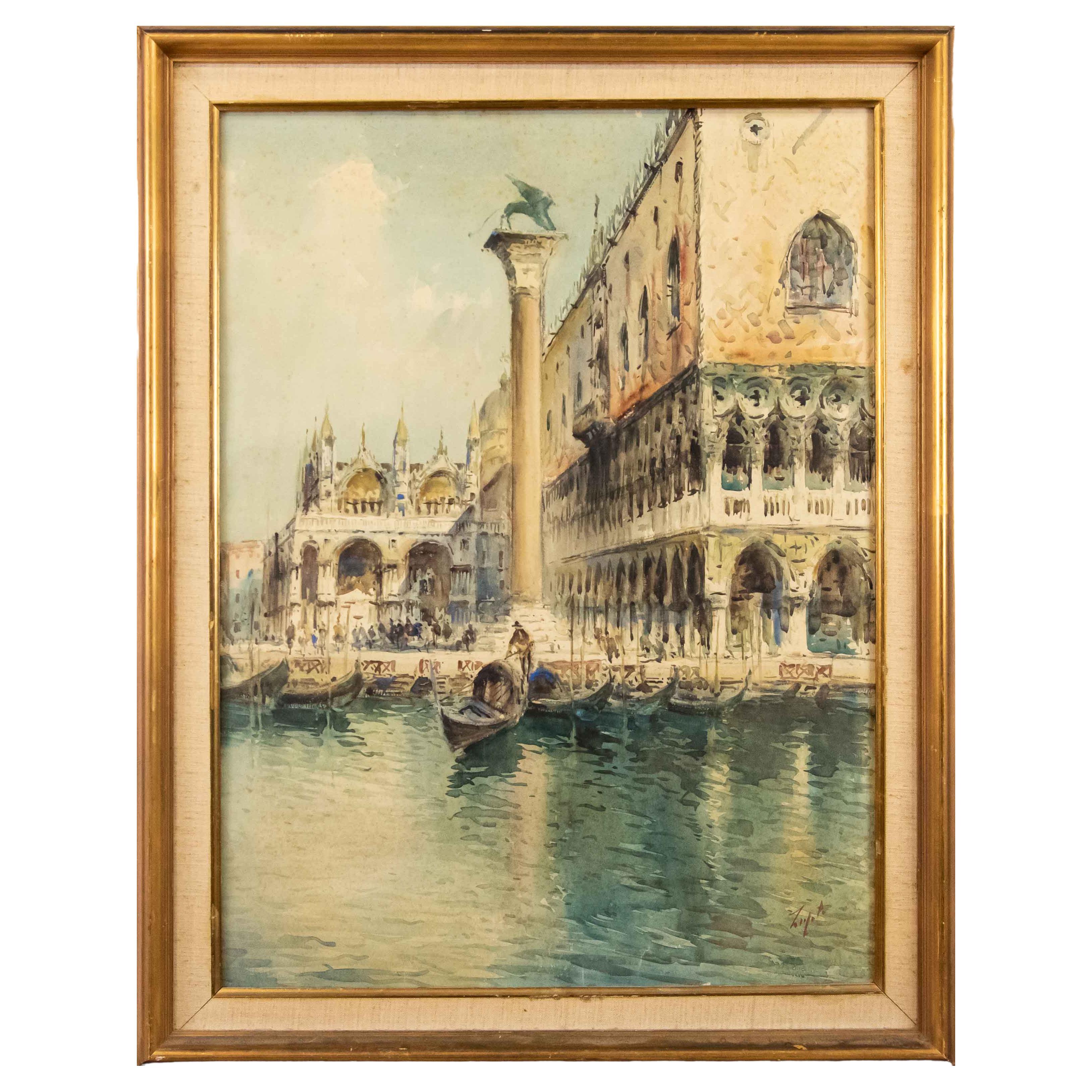 20th Century Piazzetta San MarCo Painting Watercolor on Canvas