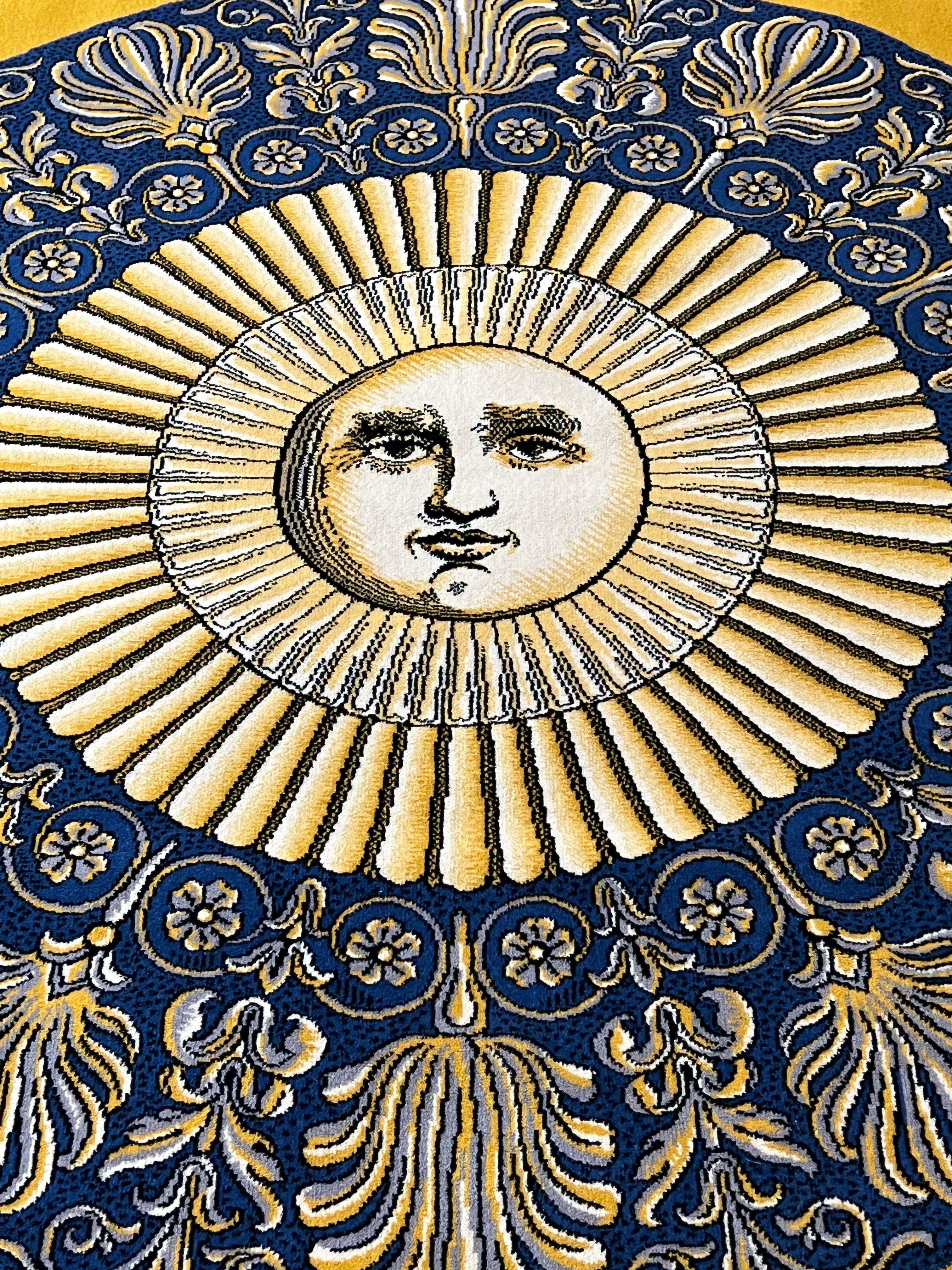Machine-Made 20th Century Piero Fornasetti Sun Moon Face Yellow Blue Rug, ca 1980