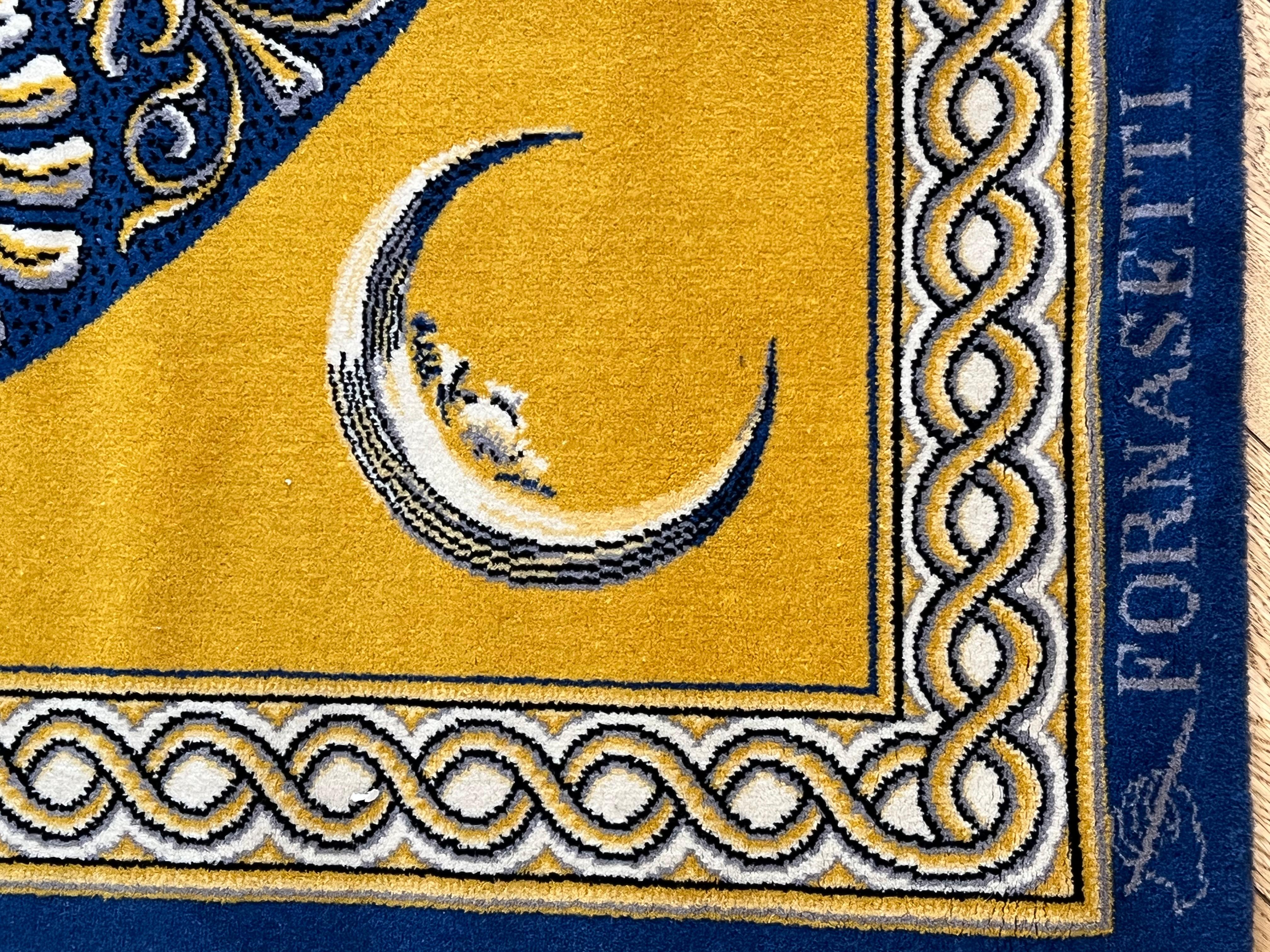 Wool 20th Century Piero Fornasetti Sun Moon Face Yellow Blue Rug, ca 1980
