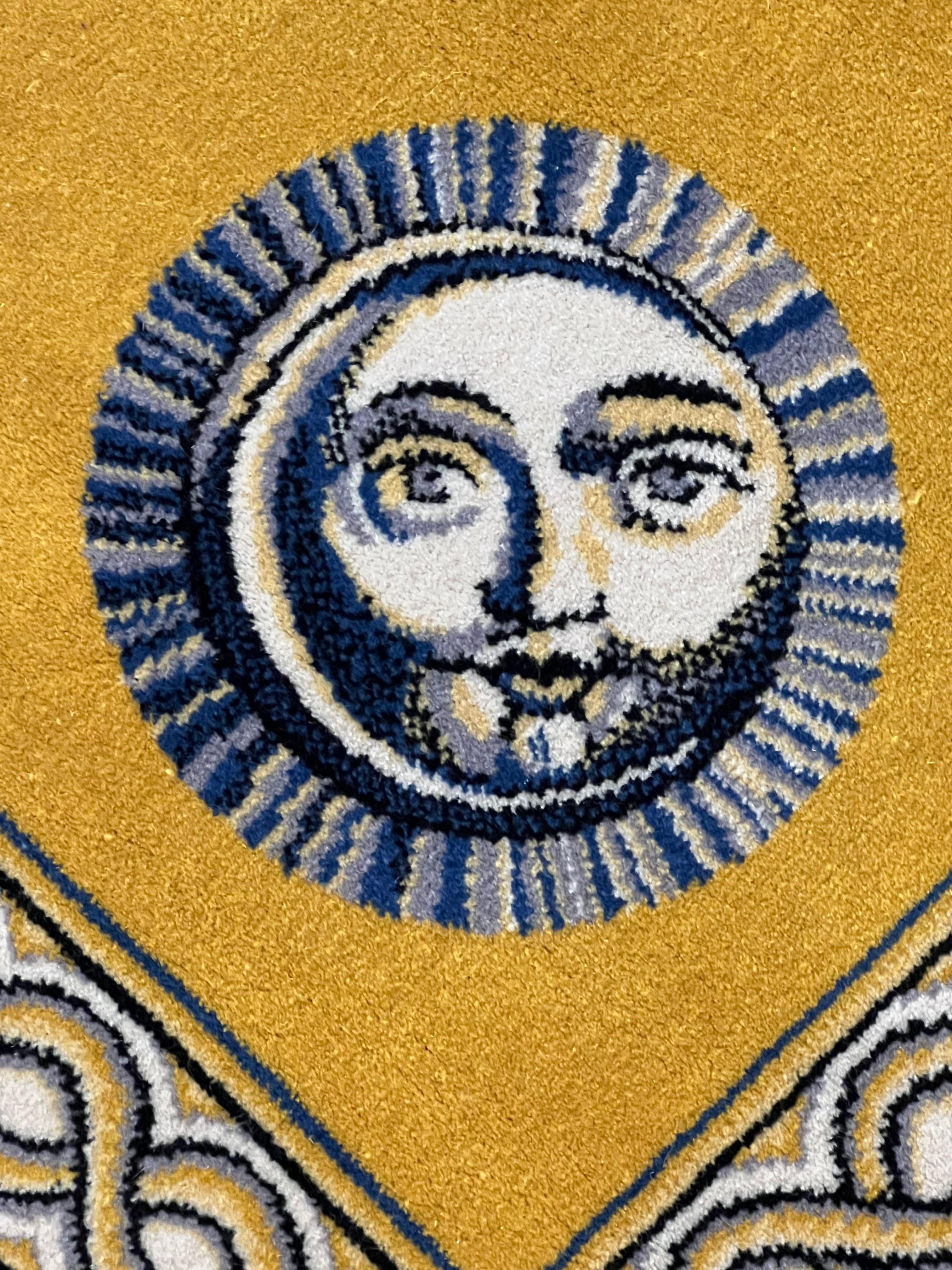 20th Century Piero Fornasetti Sun Moon Face Yellow Blue Rug, ca 1980 2