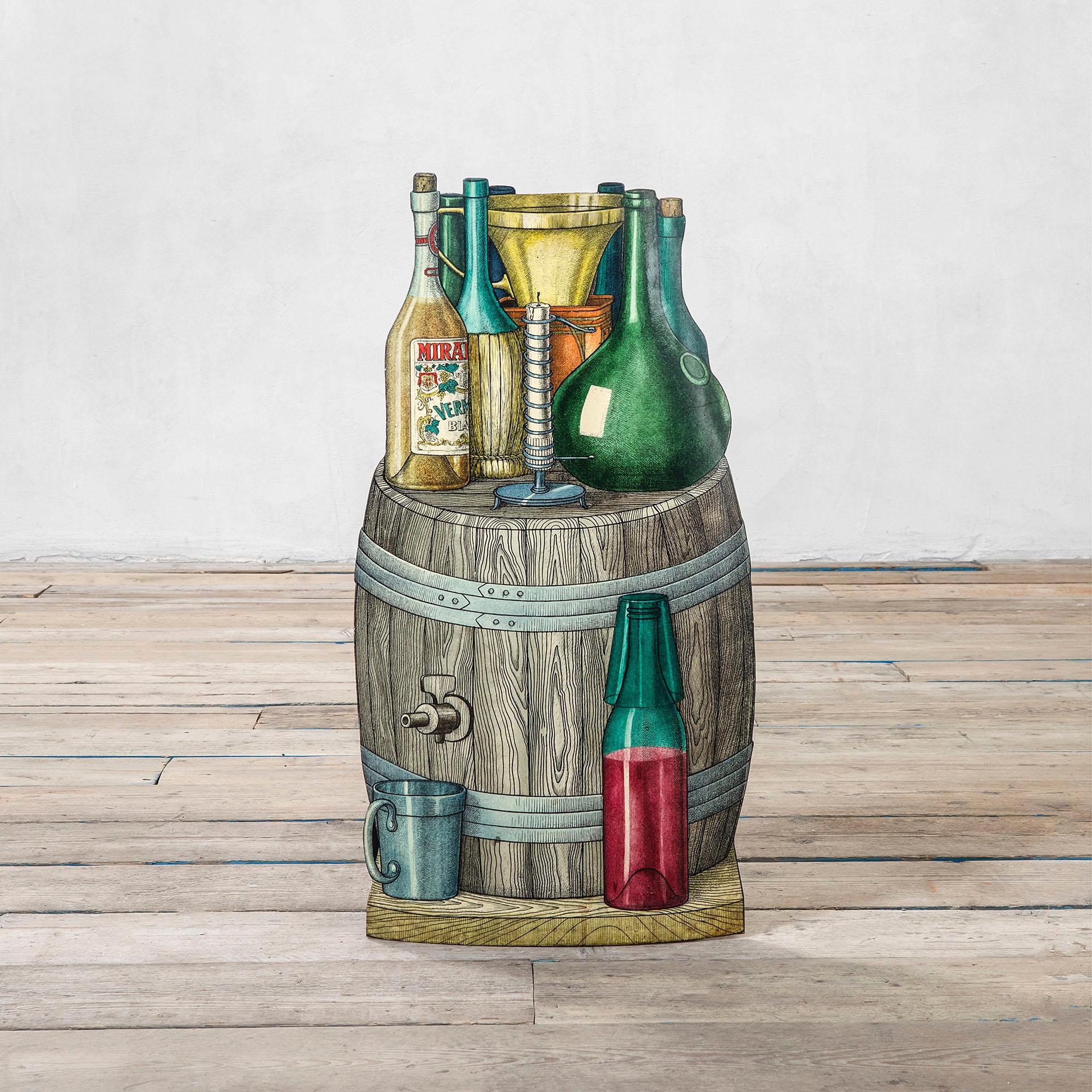 Mid-Century Modern 20th Century Piero Fornasetti Umbrella Stand Theme Bottles Wine in Printed Metal For Sale