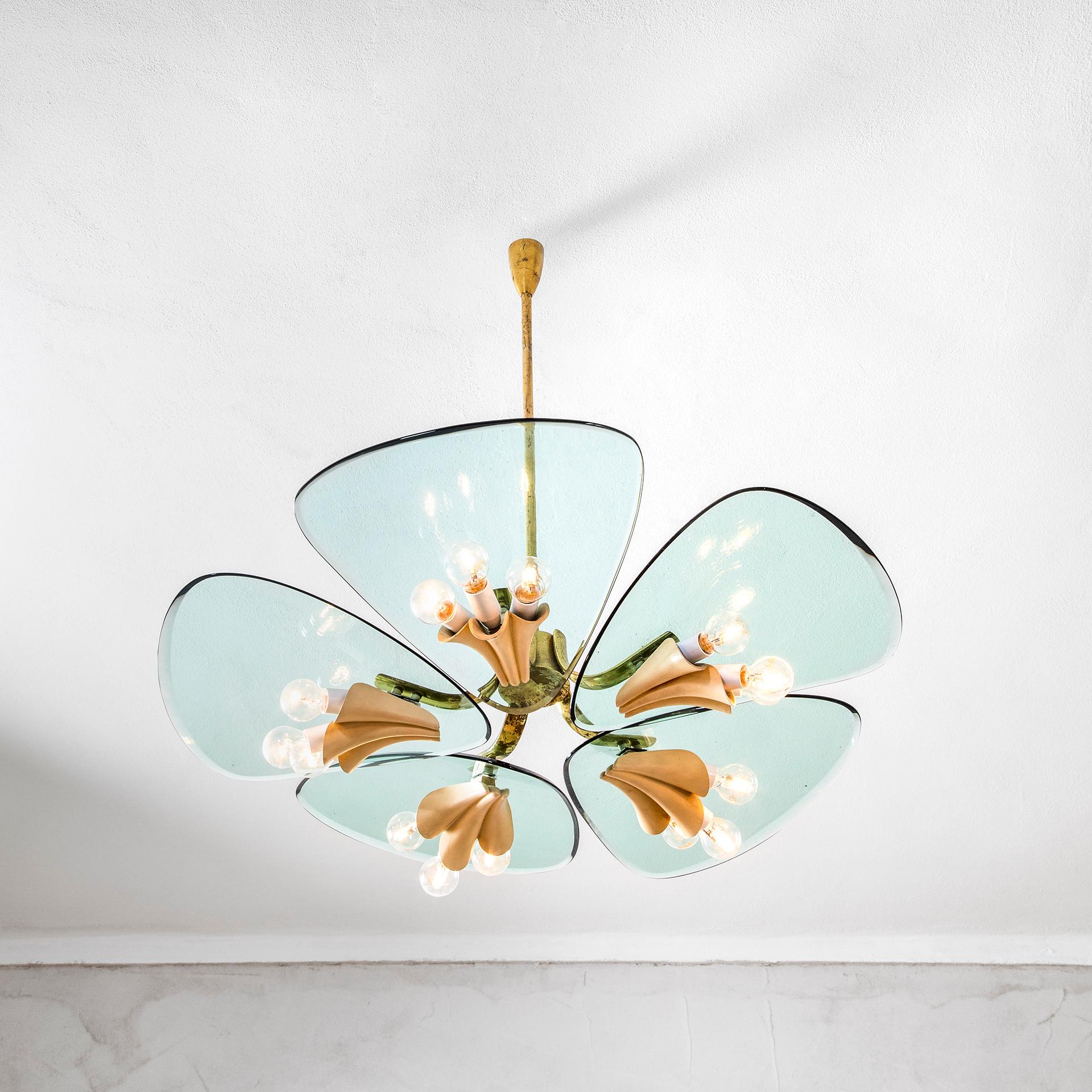 Italian 20th Century Pietro Chiesa Chandelier in Brass Structure and Glass Petal Shaped