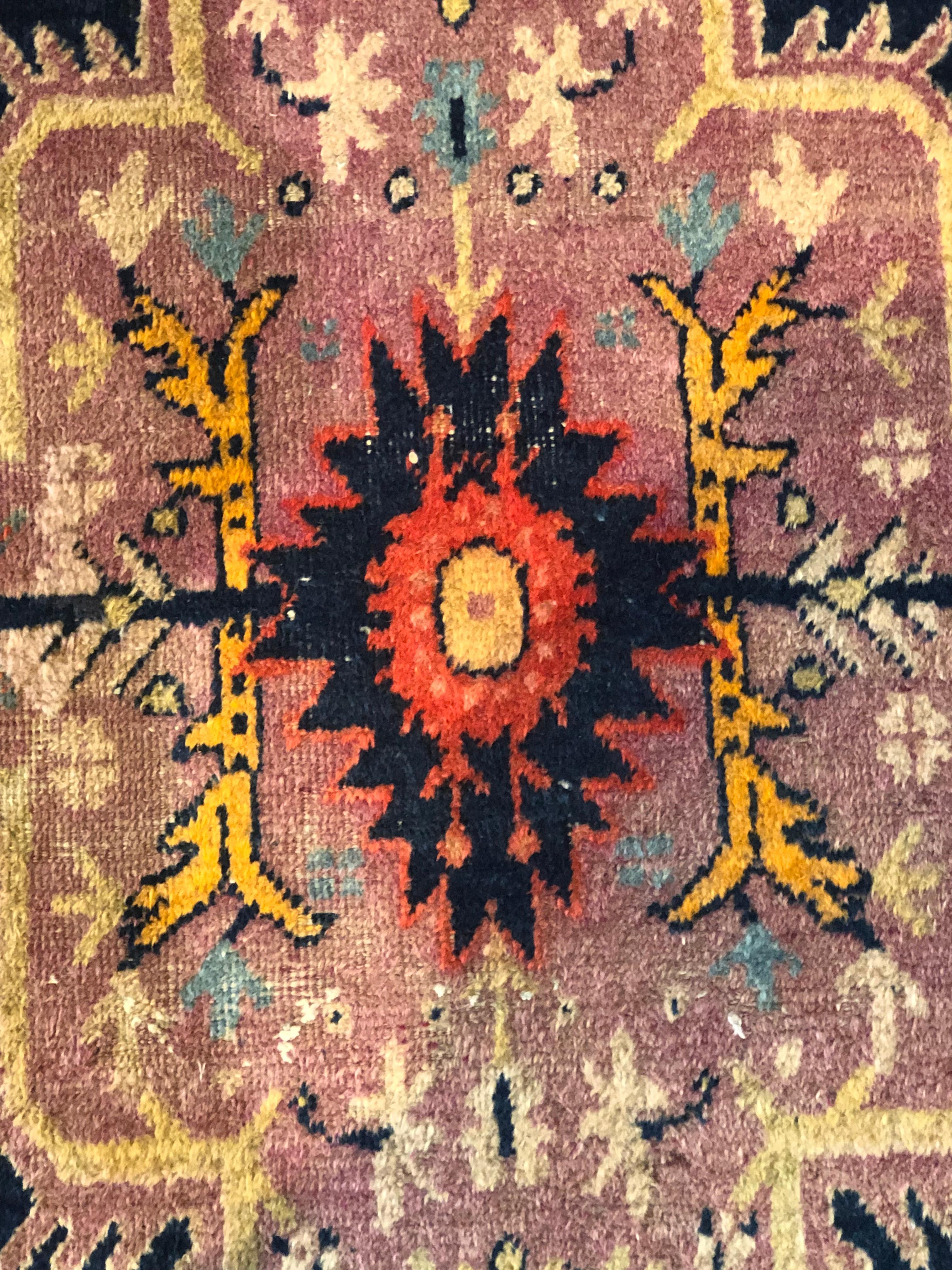 Hand-Knotted 20th Century Pink and Blue Floreal with Medallion Samarkand Rug, Ca 1920 For Sale