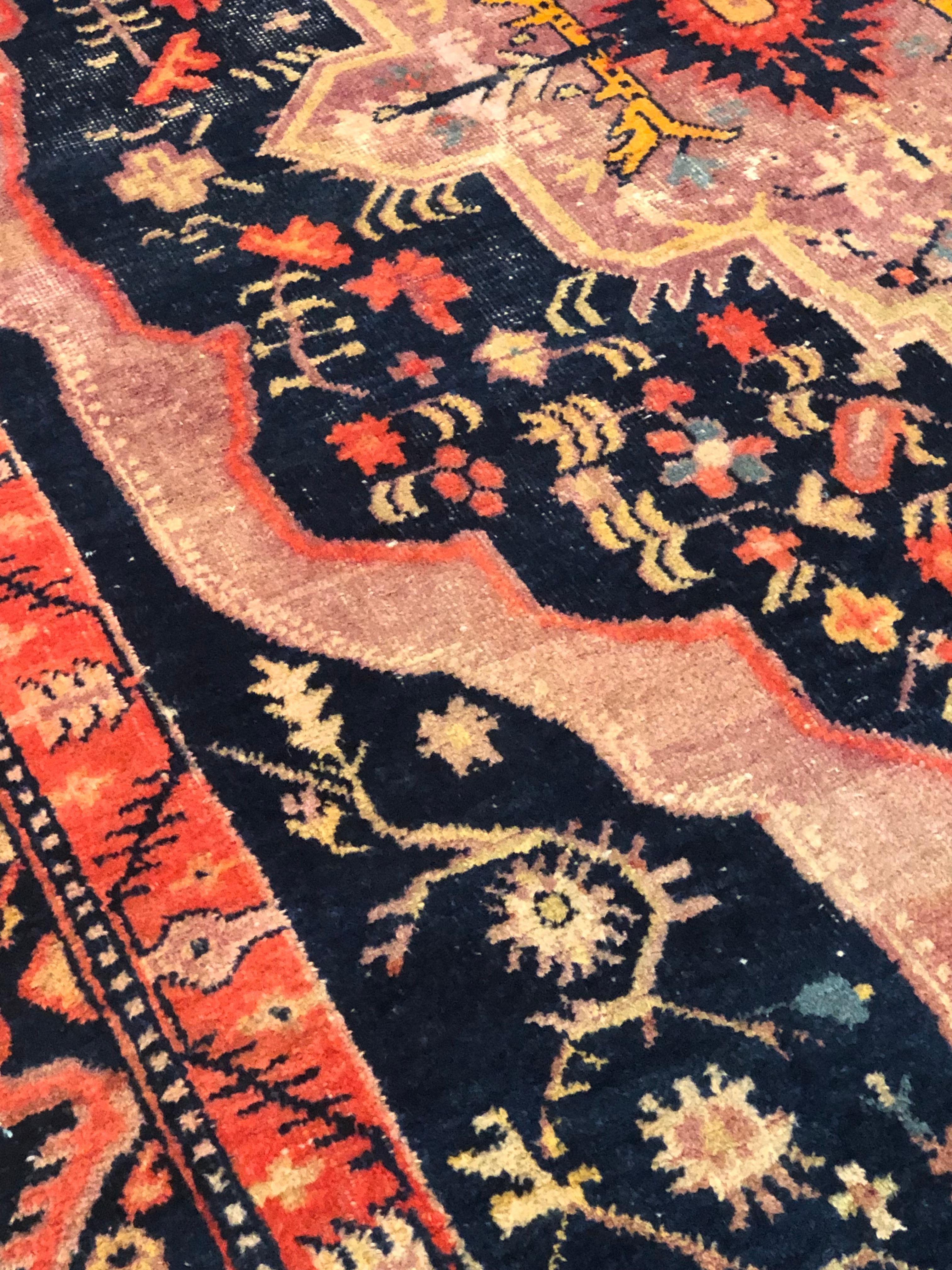 Wool 20th Century Pink and Blue Floreal with Medallion Samarkand Rug, Ca 1920 For Sale