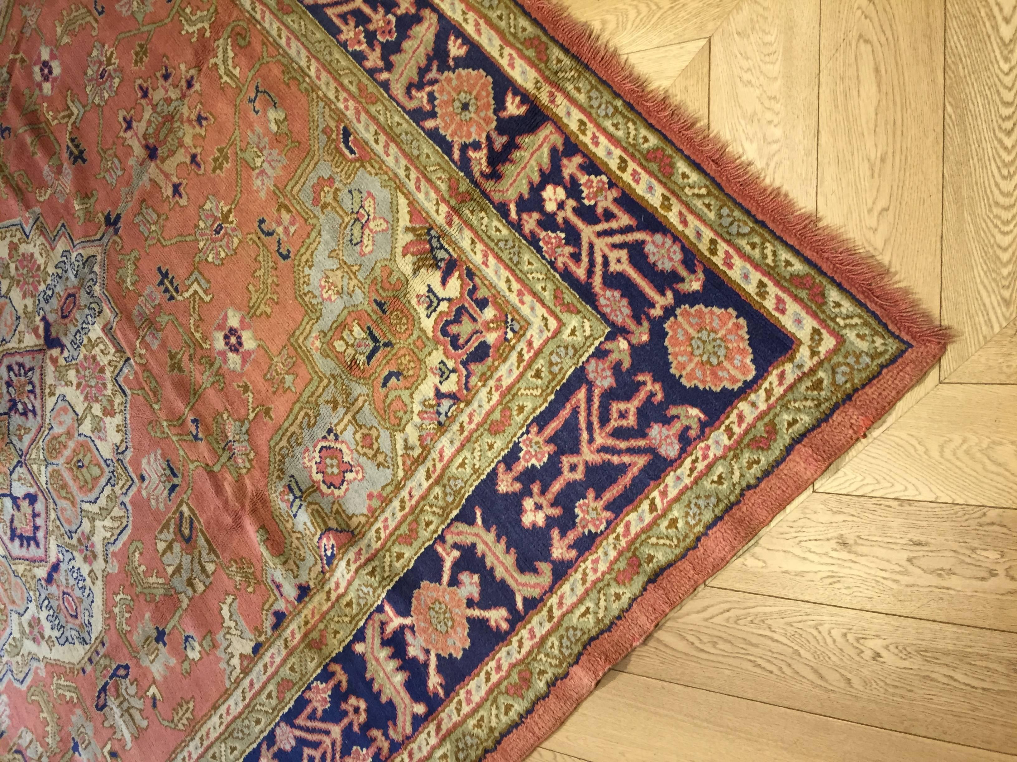 Wool 20th Century Pink, Green, Blue Central Medallion Turkish Oushak, circa 1970 For Sale