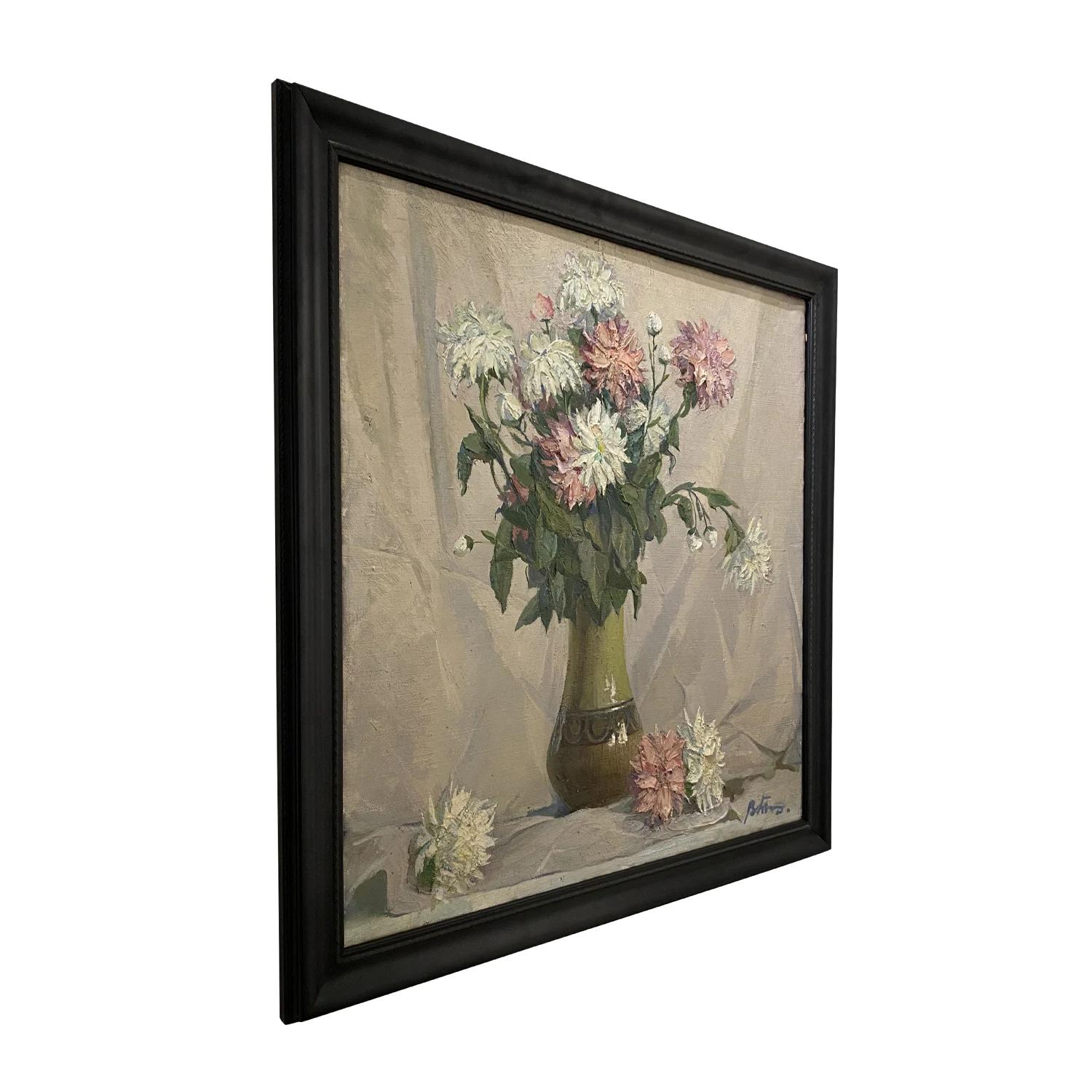 A white-pink, vintage Russian still life oil on canvas painting of a green ceramic vase with many different kinds of flowers, painted by Titov Y. V. in a black wooden frame, in good condition. The colorful painting is portraying a dim room with a