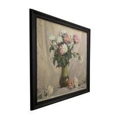 Vintage Russian Still Life Oil Painting of Flowers in Green Vase
