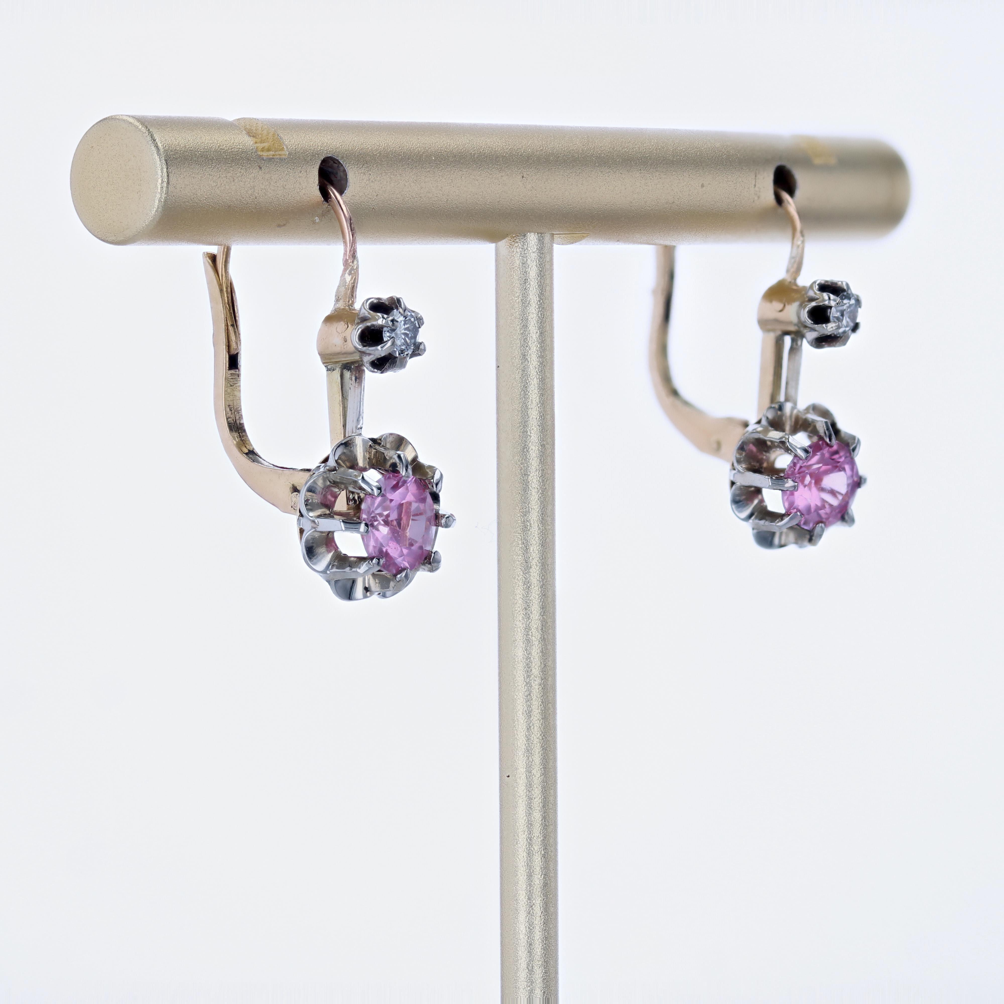 20th Century Pink Sapphire 18 Karat yellow Gold Platinum Lever Back Earrings For Sale 4