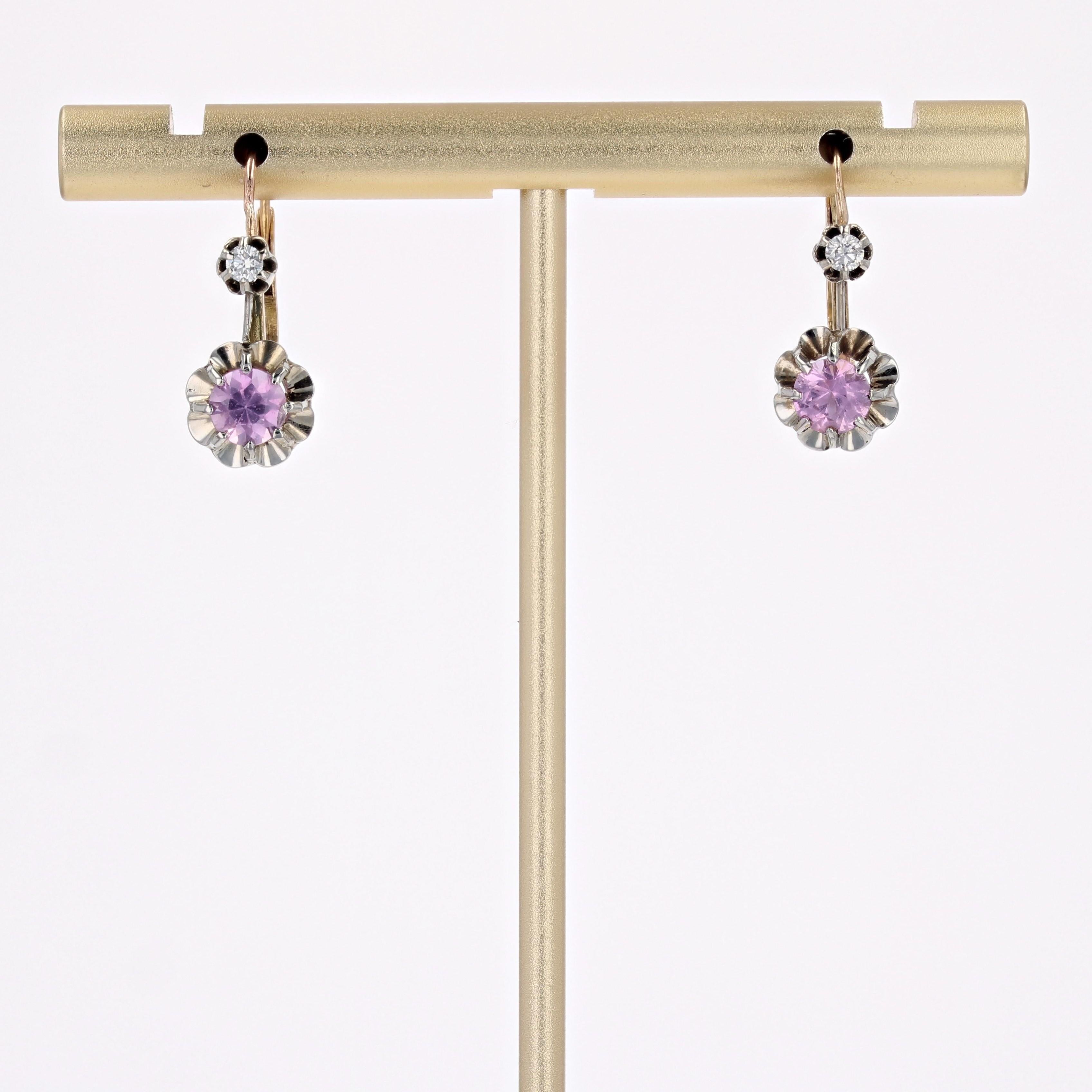 20th Century Pink Sapphire 18 Karat yellow Gold Platinum Lever Back Earrings For Sale 5