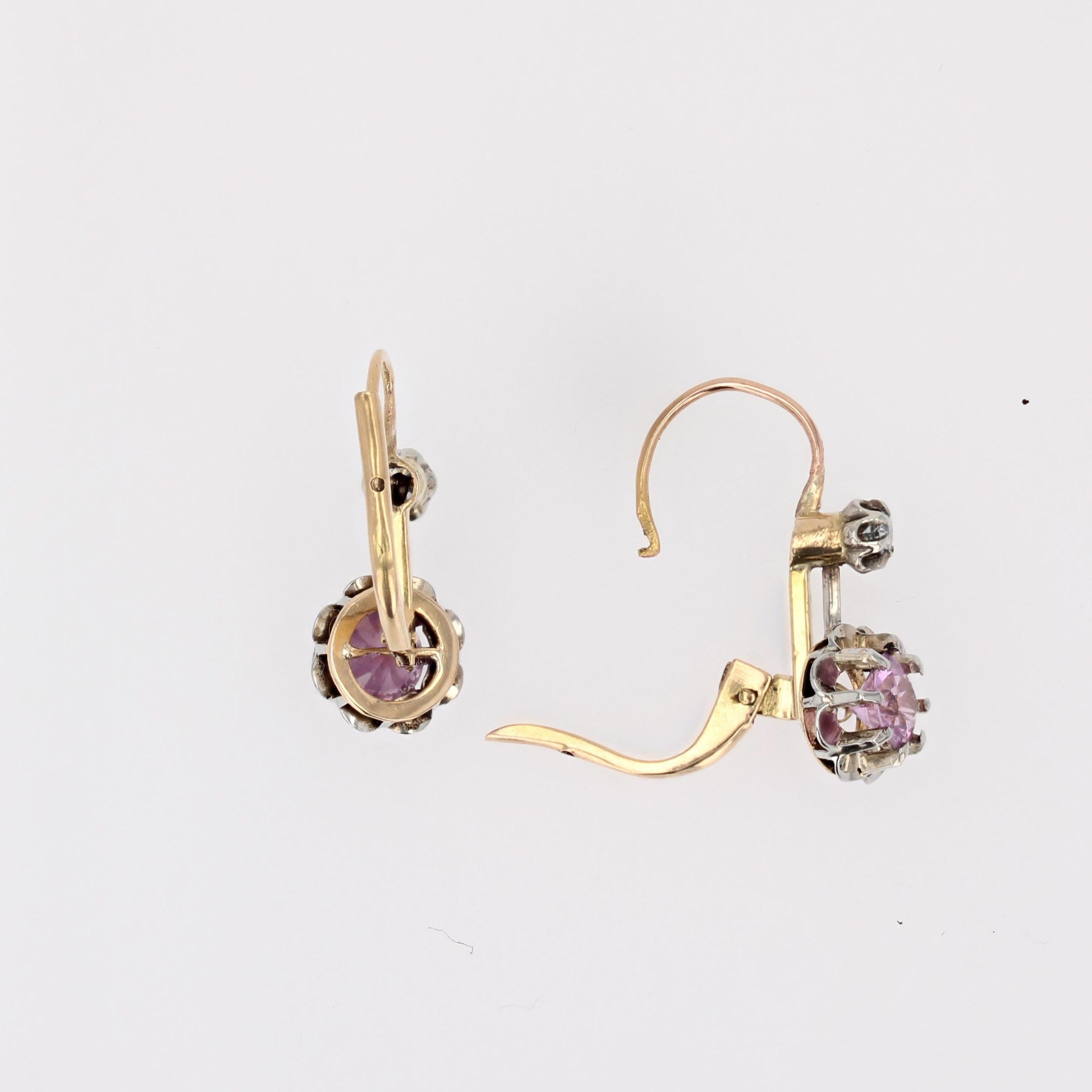 20th Century Pink Sapphire 18 Karat yellow Gold Platinum Lever Back Earrings For Sale 3