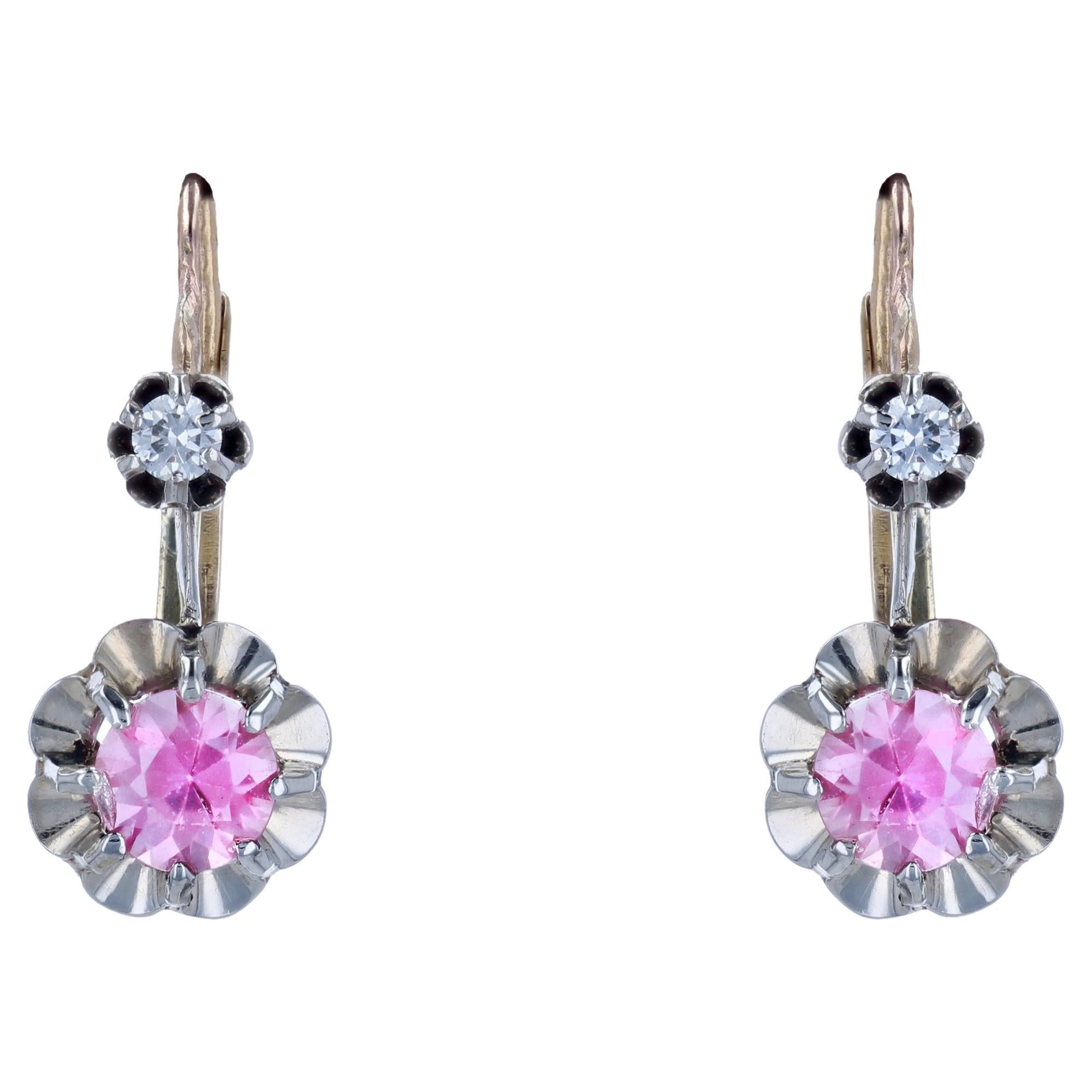 Boucles d'oreilles à levier du 20ème siècle en or jaune 18 carats et platine avec saphir rose