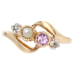 20th Century Pink Sapphire Fine Pearl Diamonds 18 K Yellow Gold You and Me Ring
