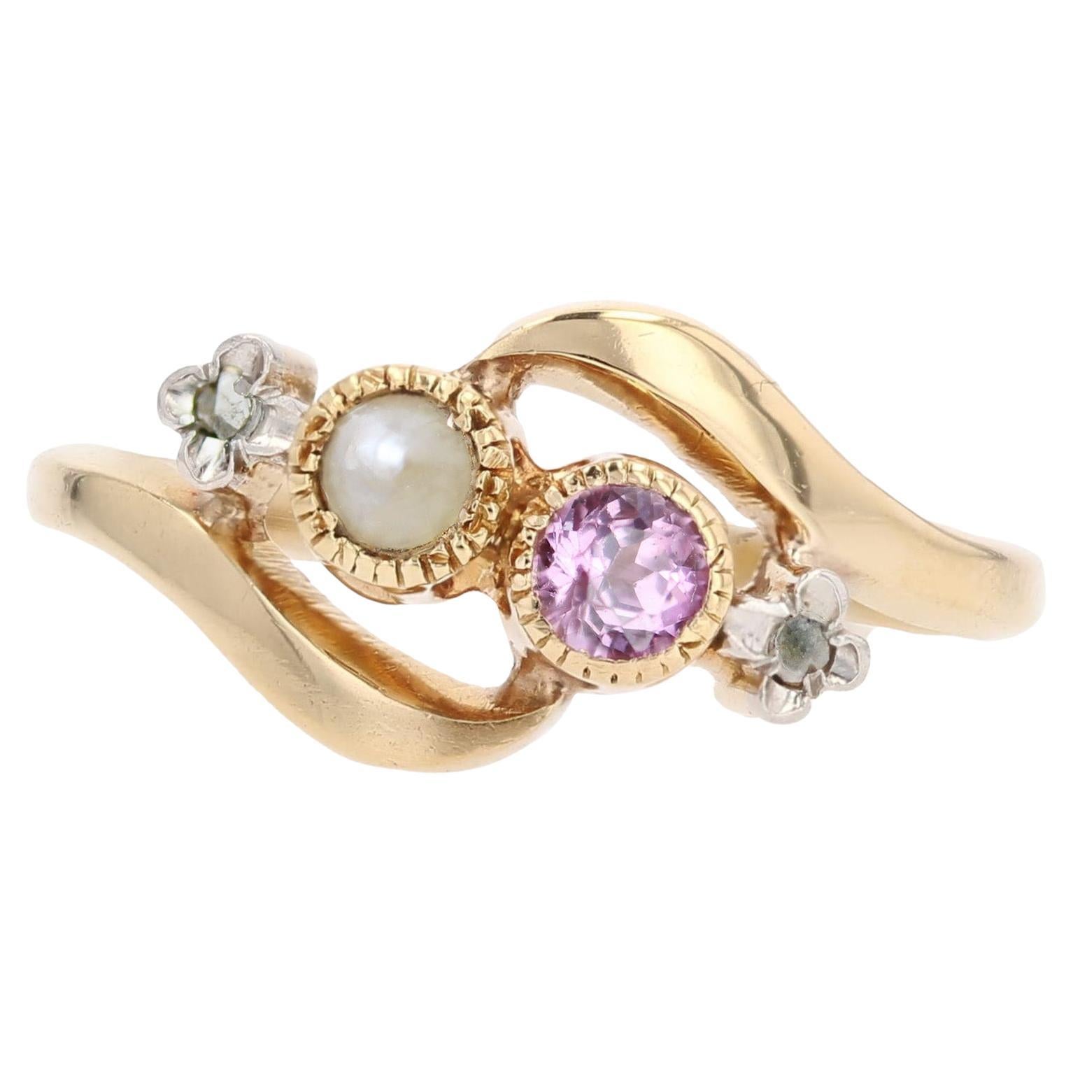 20e siècle Bague "You and Me" en or jaune 18 K, saphir rose, perles fines et diamants en vente
