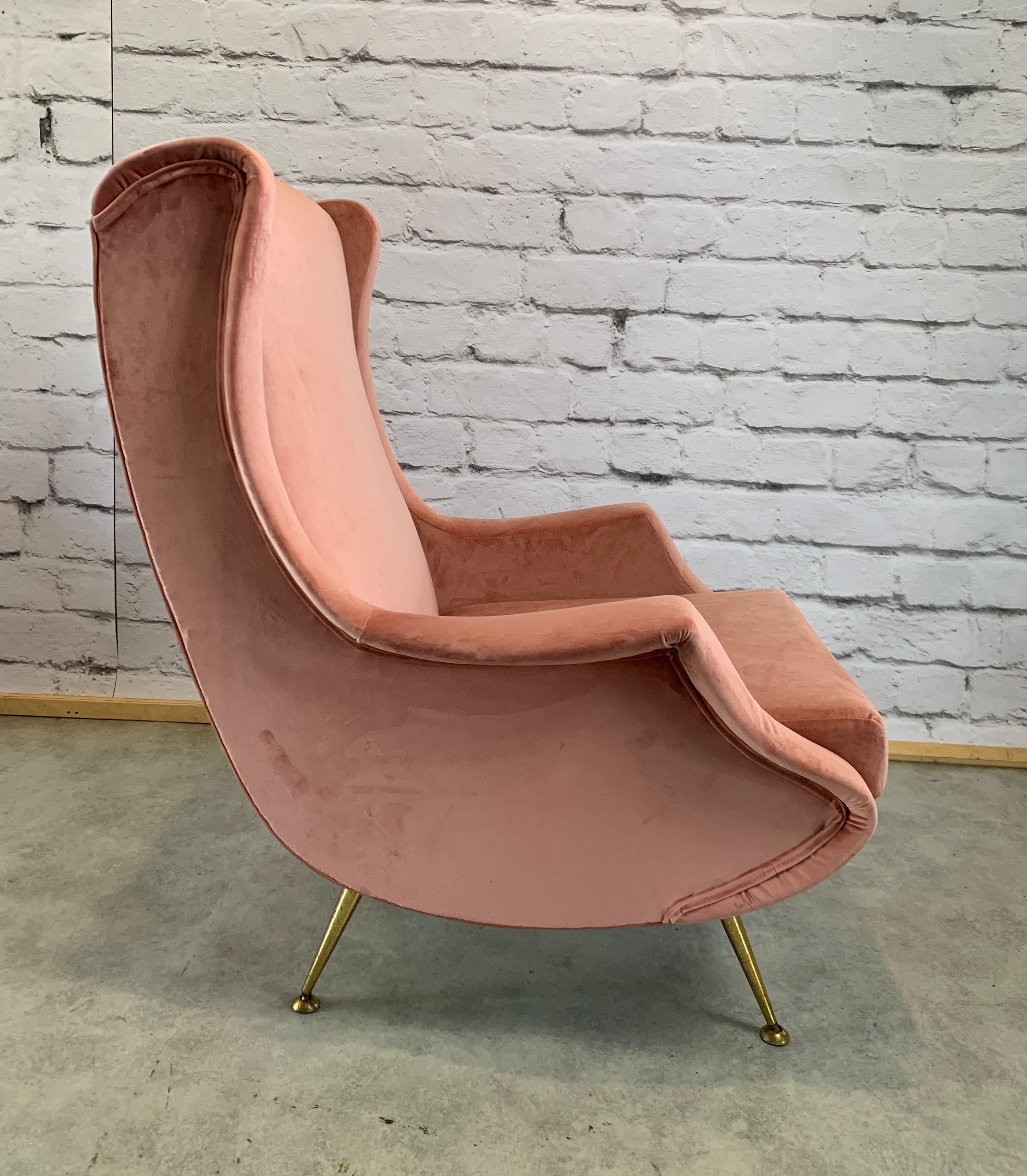 Brass 20th Century Pink Velvet Italian Vintage Sculptural Armchair, 1960s