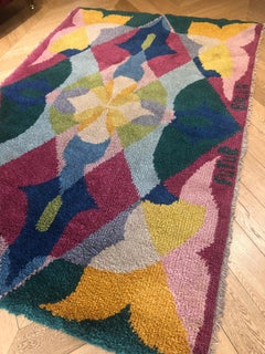 20th Century Pink Yellow Blu Green Flowers Giacomo Balla Designed Rug, 1987