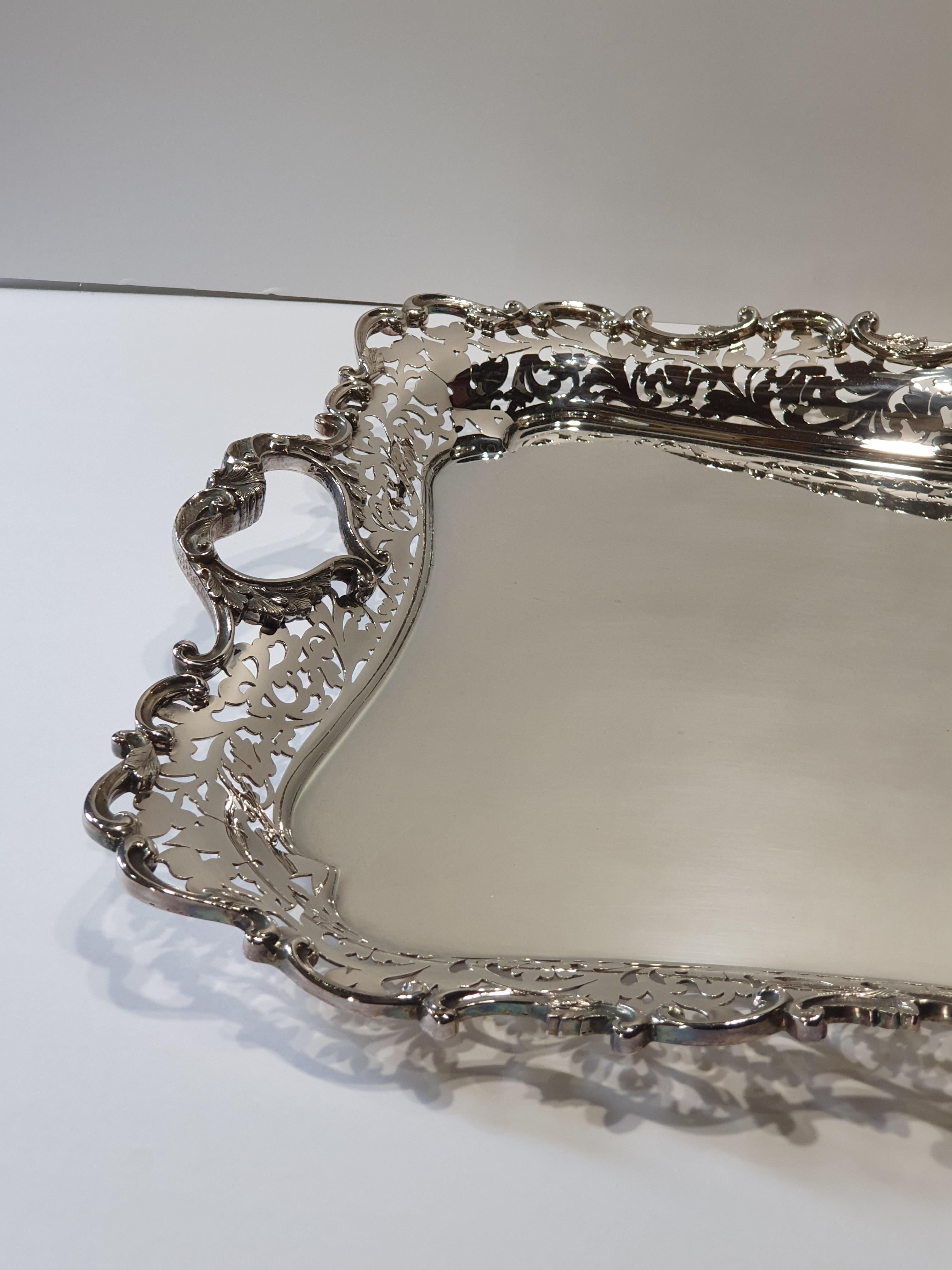 Italian 20th Century Pirced Handicraft Sterling Silver Serving Tray, Italy, 1998 For Sale