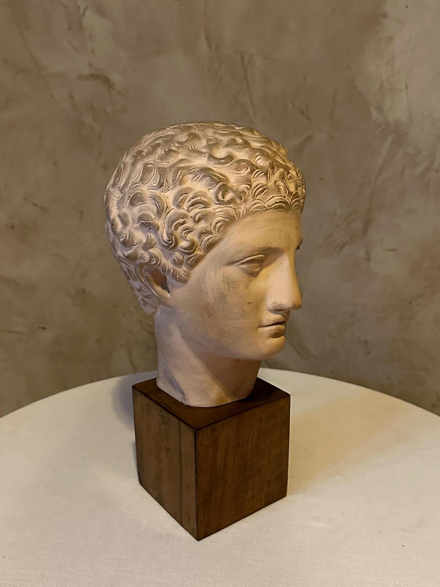 Greek head of a man in plaster on wooden base dating from the 1950s in very good condition.
Ideal for decoration in a bibliotheque or on a column.