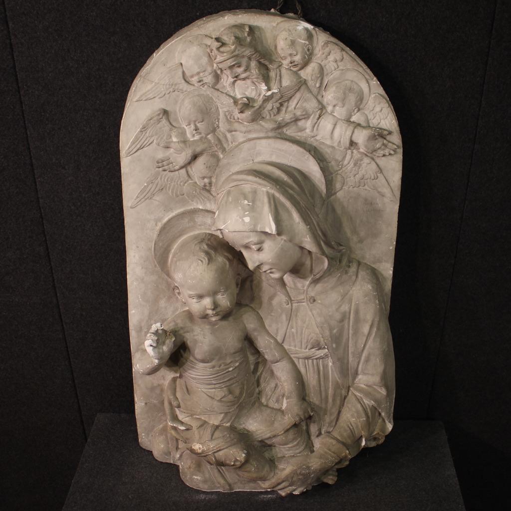 20th Century Plaster Italian Religious High Relief Sculpture Madonna with Child 7