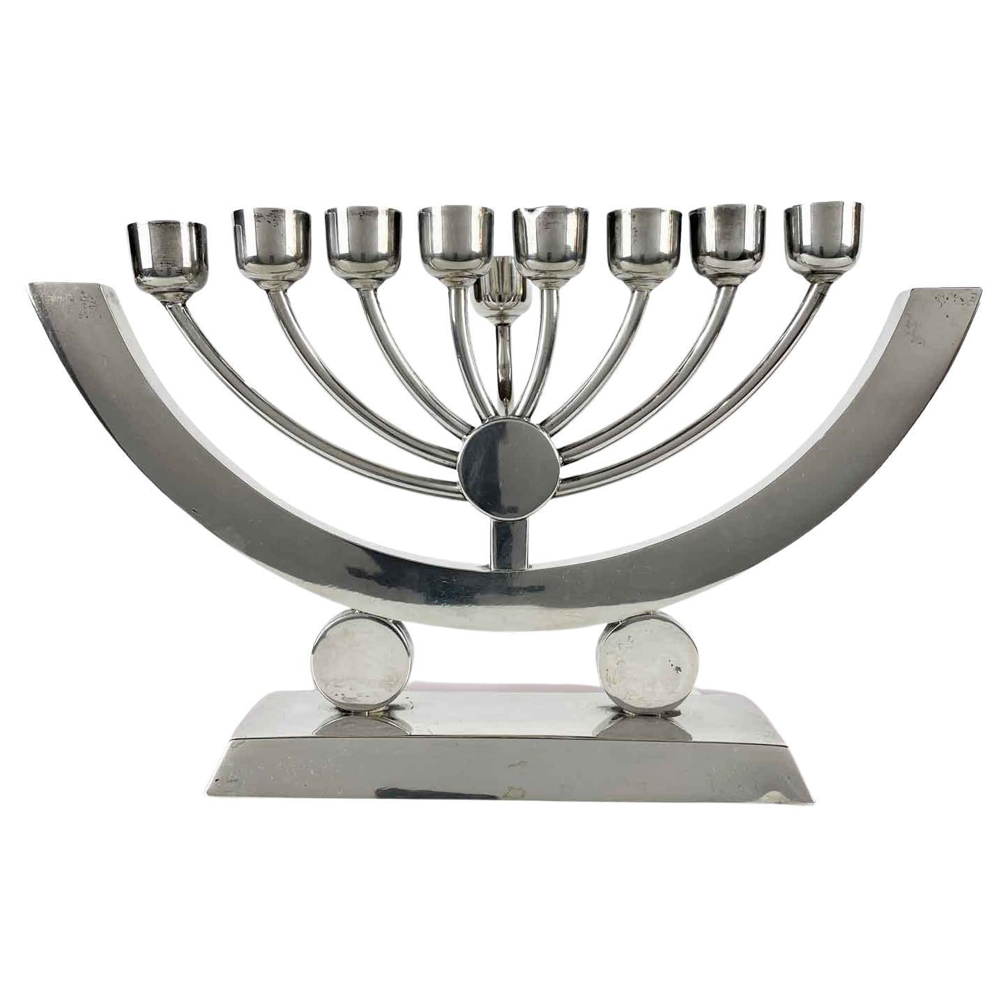 Cast 20th Century Polish Art Deco Judaica Silver Hanukkah Lamp Menorah