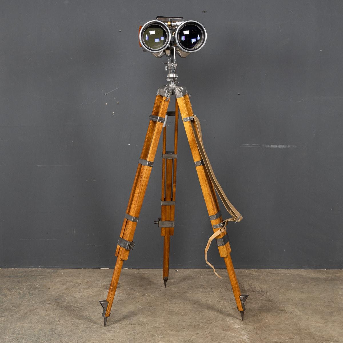 20th Century Polished Observation Binoculars on a Wooden Tripod For