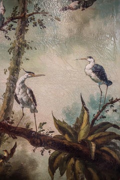 20th Century Polychromed Dutch Oil/Canvas Birds on Blue and Green Background