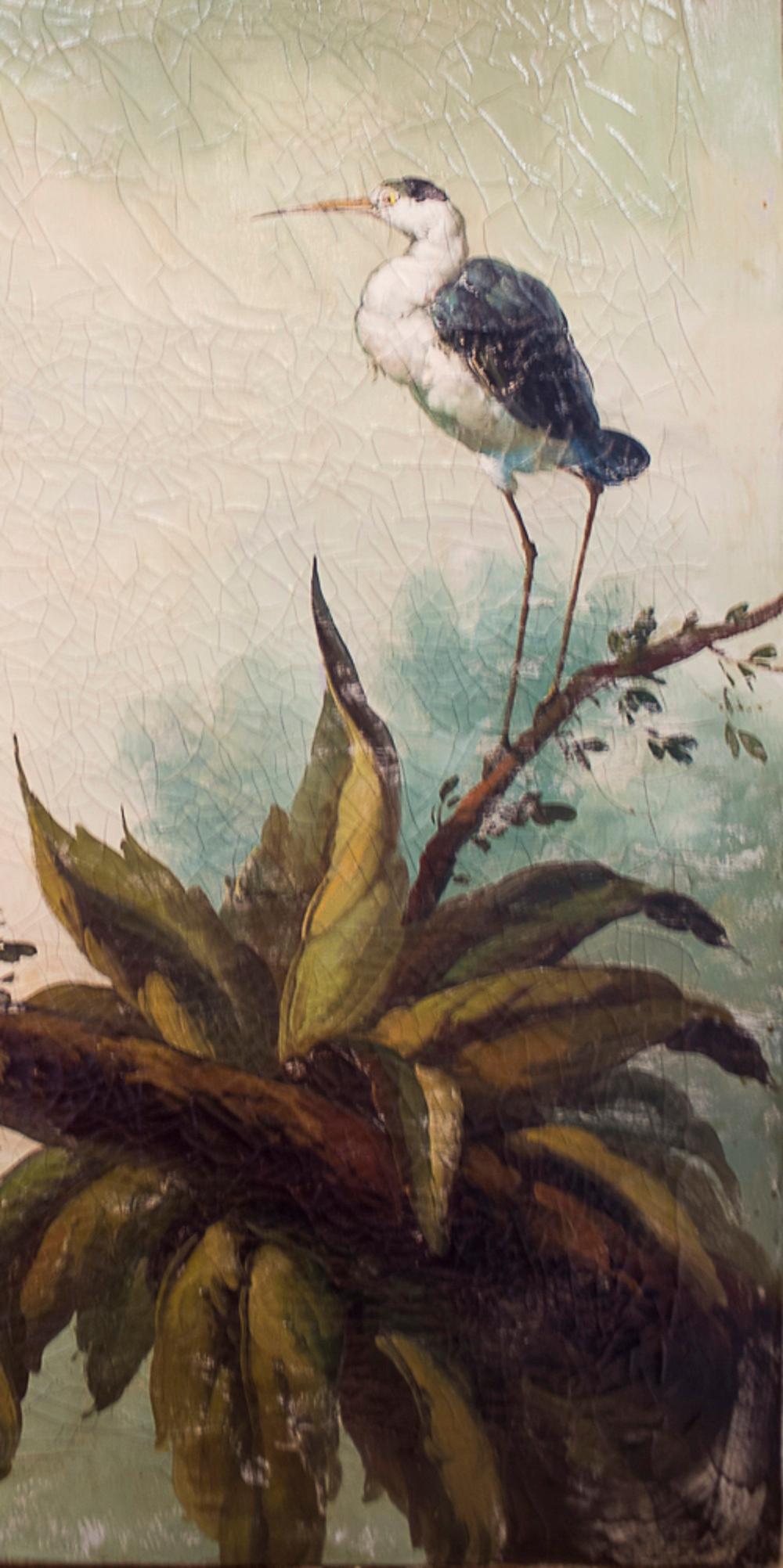 Dutch Colonial 20th Century Polychromed Dutch Oil/Canvas Birds on Blue and Green Background