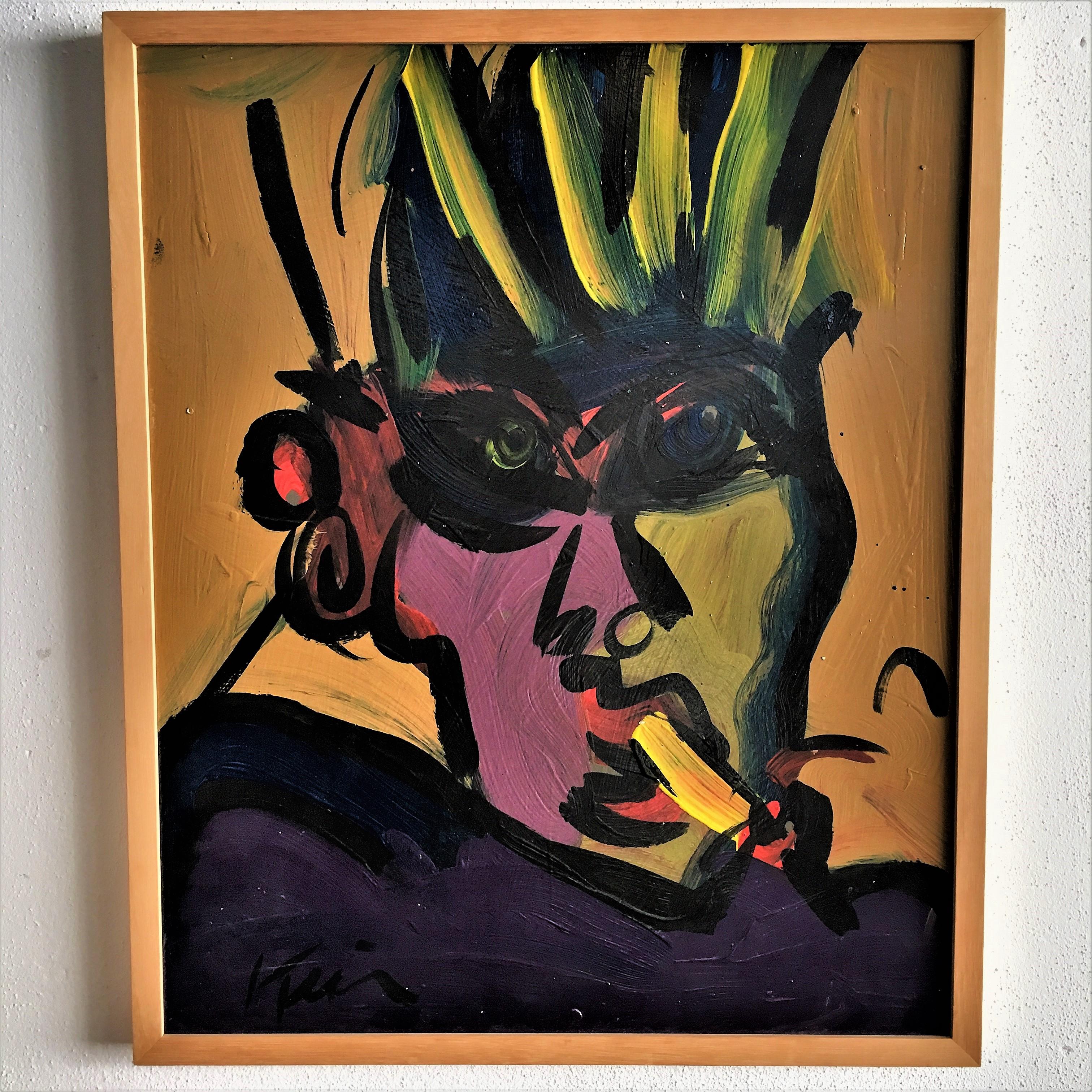 Very dynamic and modern painting with rich colours, natural wooden frame.
Need we say more? This is a very radical expressive work done by a German artist. We have not been able to research the name however it is simple, signed & very powerful!