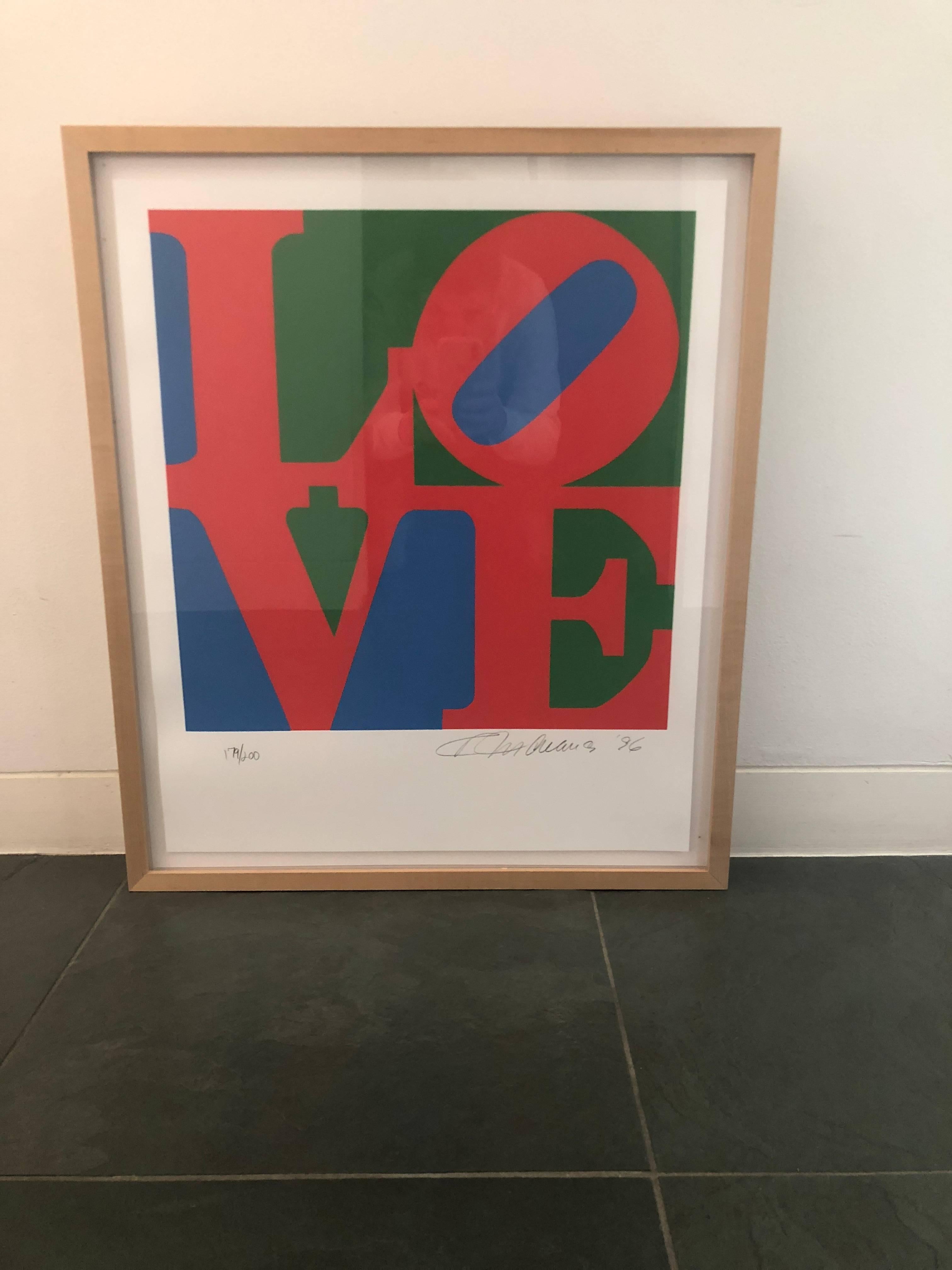 Offered is a 20th century Pop Art screenprint, signed and numbered Robert Indiana (1928-2018) - Book of Love: one plate, 1996. Love (Green, Red, Blue), 1996.
Screen-print in colors, on A.N.W. Crestwood Museum Edition paper
Signed, dated and numbered