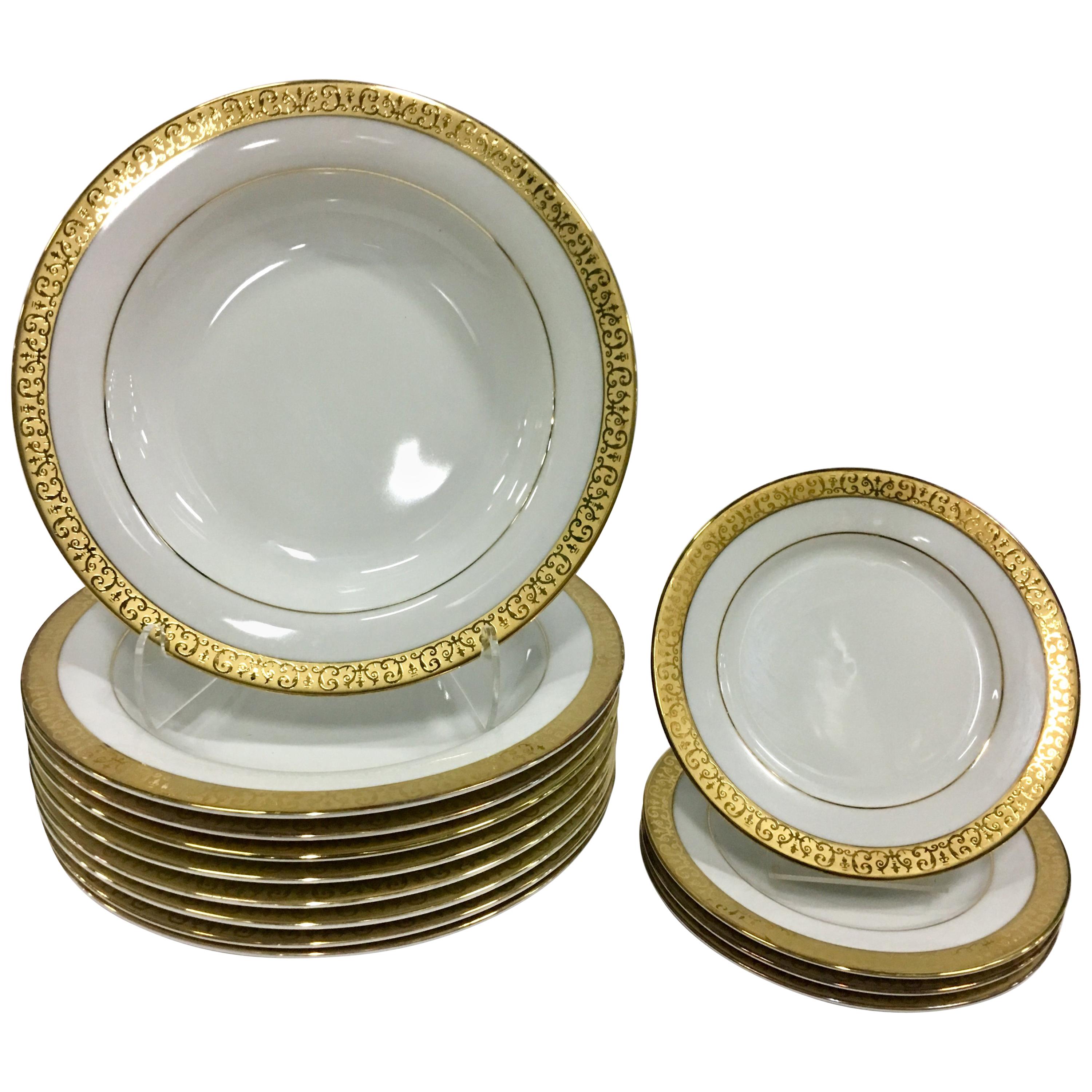 20th Century Porcelain & 22-Karat Gold Dinnerware S/13 By, Royal Gallery