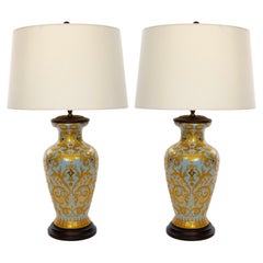 20th Century Porcelain Tapestry / Wood Base Pair Table Lamp