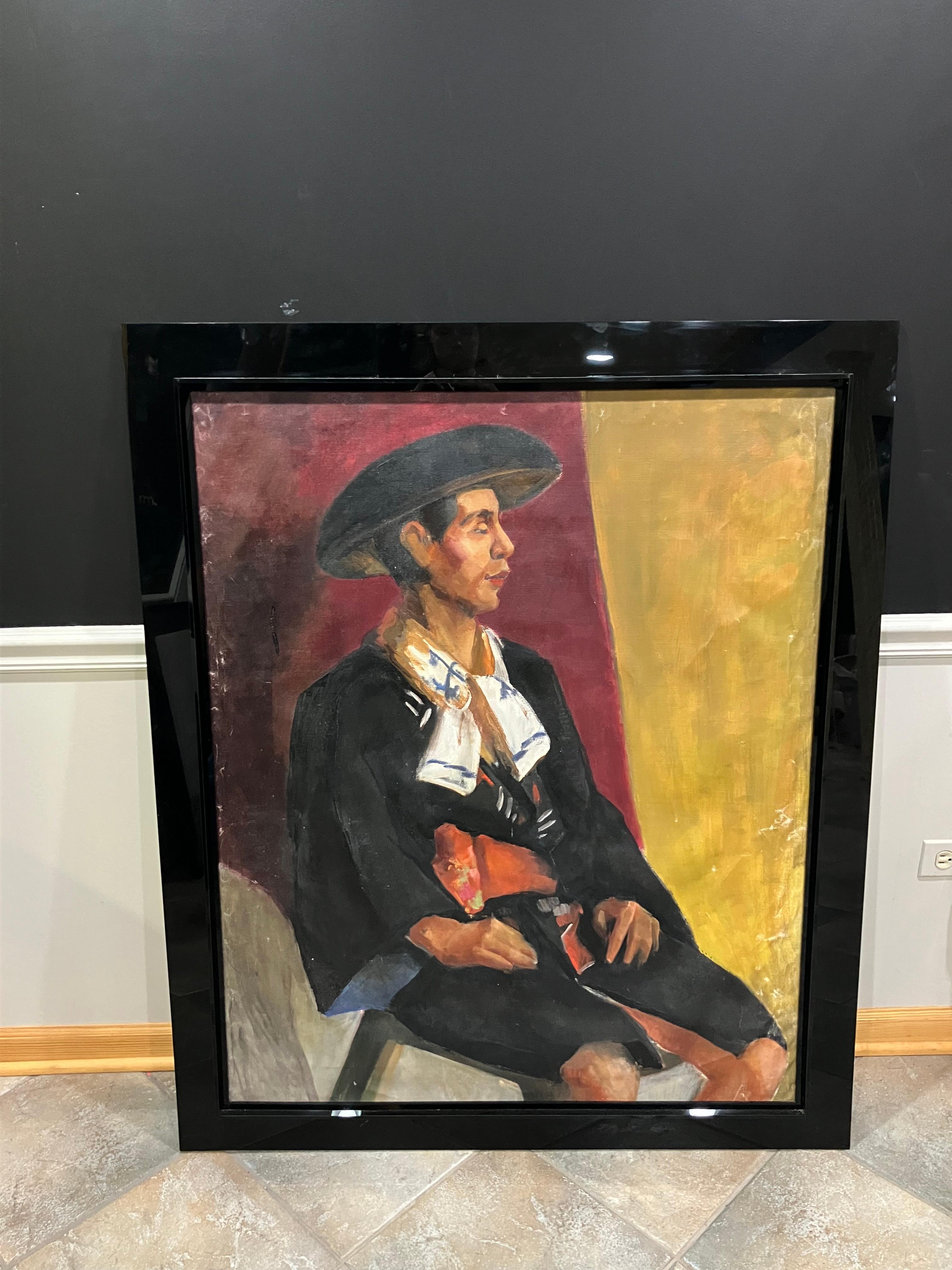 This portrait of a matador in profile is the work of American artist and designer Vernon Grimmer (20th Century). Set against a vivid crimson and yellow-gold background, the matador is depicted in traditional attire with a black cap and red sash,