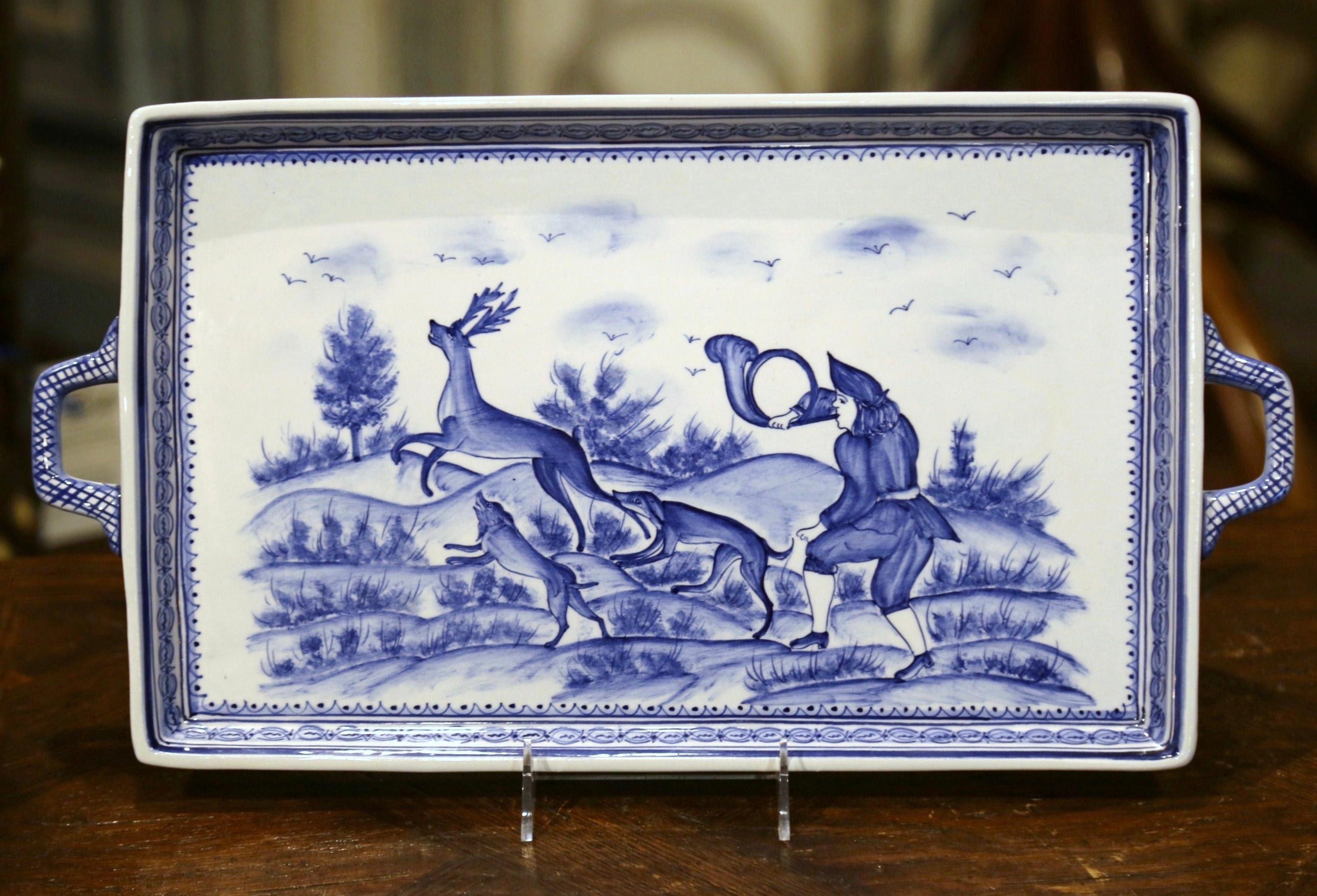 20th Century Portuguese Blue and White Hand Painted Faience Serving Tray 1