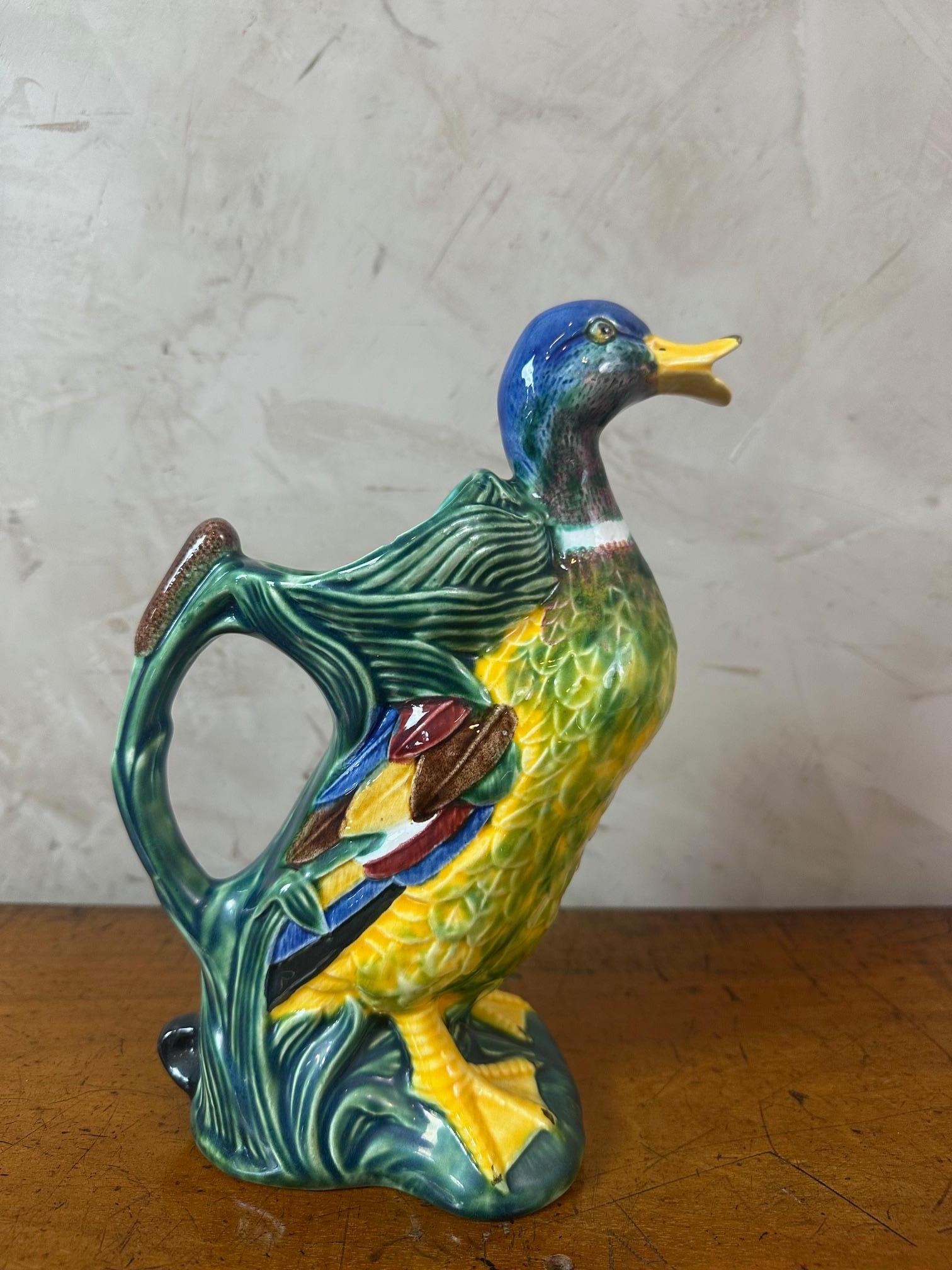 French 20th century Portuguese Painted Earthenware Duck Pitcher, 1970S