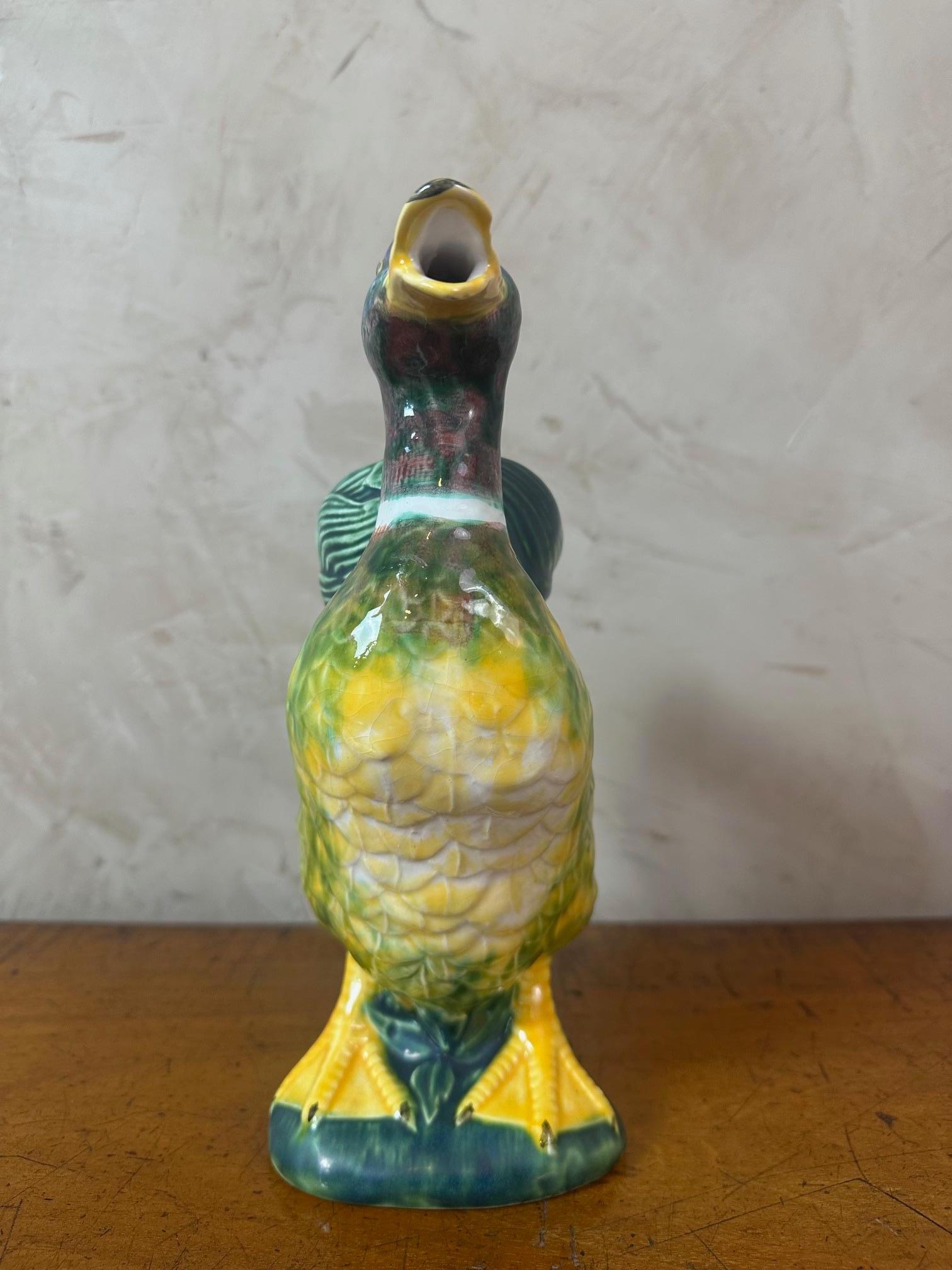 20th century Portuguese Painted Earthenware Duck Pitcher, 1970S In Good Condition In LEGNY, FR