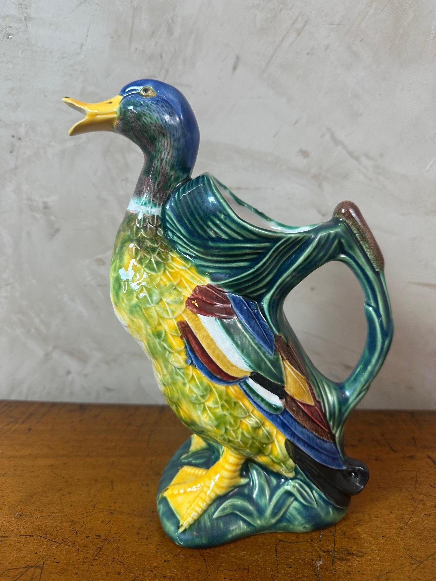 20th century Portuguese Painted Earthenware Duck Pitcher, 1970S 1